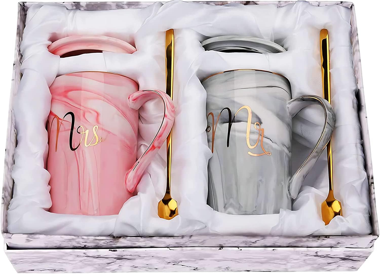 Mr and Mrs Coffee Mugs - Wedding Gift - for Bride and Groom, Gift for Bridal Shower Engagement Wedding and Married Couples Anniversary -Ceramic Marble Cups 14 oz