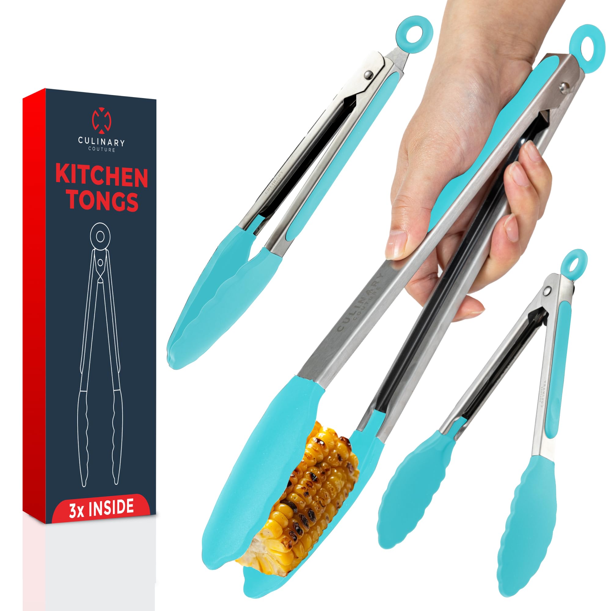 Silicone Kitchen Tongs for Cooking with Silicone Tips, Heat Resistant Tongs for Serving Food, 7-Inch, 9-Inch, 12-Inch Locking Tongs, Set of 3 Salad Tongs, Aqua Sky Kitchen Utensils