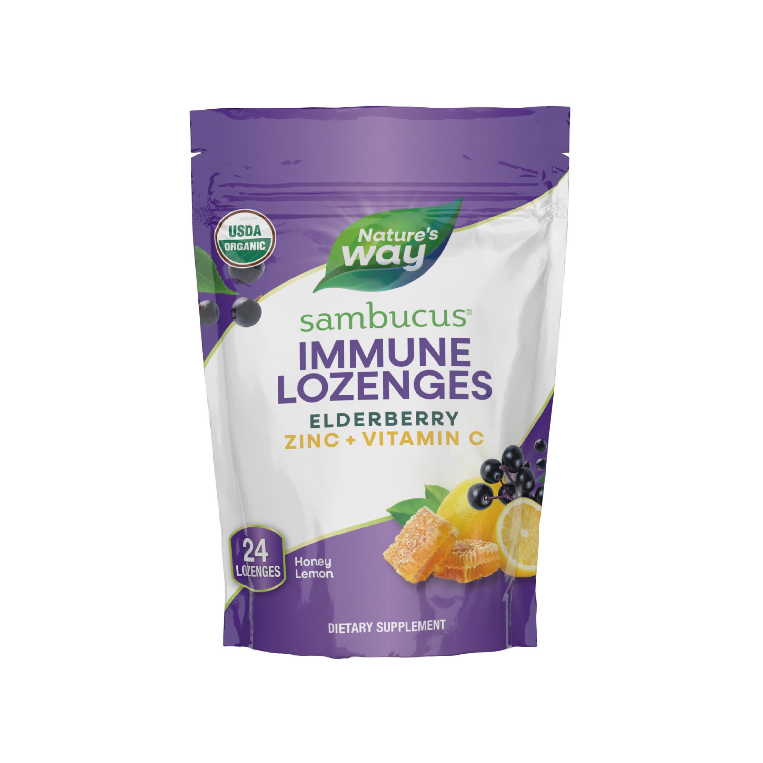 Nature's Way Sambucus Zinc Lozenges with Elderberry and Vitamin C, Honey Lemon Flavor, 24 Lozenges