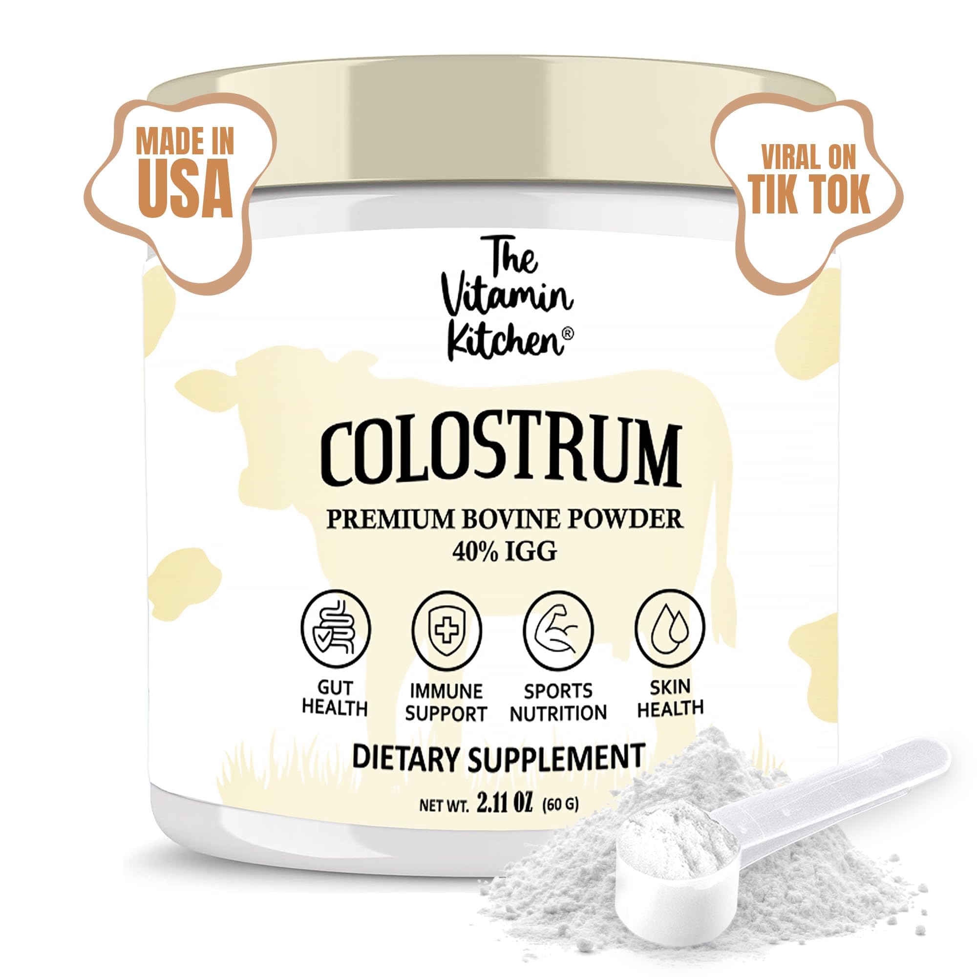 Bovine Colostrum Powder Supplement (40% IgG + No Fillers) Supports Gut & Digestive Health, Muscle Recovery & Growth, Immune Support - Unflavored & Easy to Mix - Non-GMO Made in USA – (60 servings)