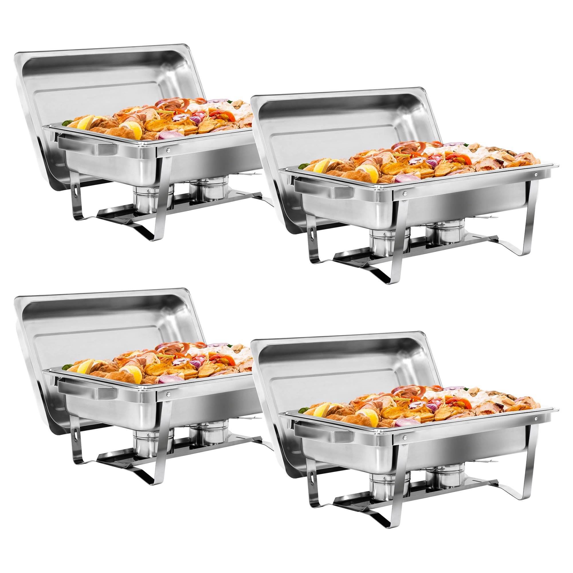 SUPER DEAL Newest 4 Pack 8QT Food Warmer, Rectangular Chafing Dish Buffet Set w/Foldable Frame Legs, Stainless Steel Full Size Chafer Dish for Parties