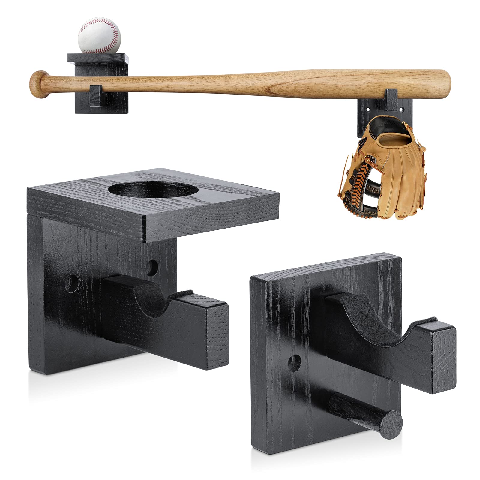 AK KYCBaseball Bat Wall Mount Softball Bat Holder Stand for Horizontal & Vertical Display, Solid Wood Baseball Bat Protect Hidden Screws