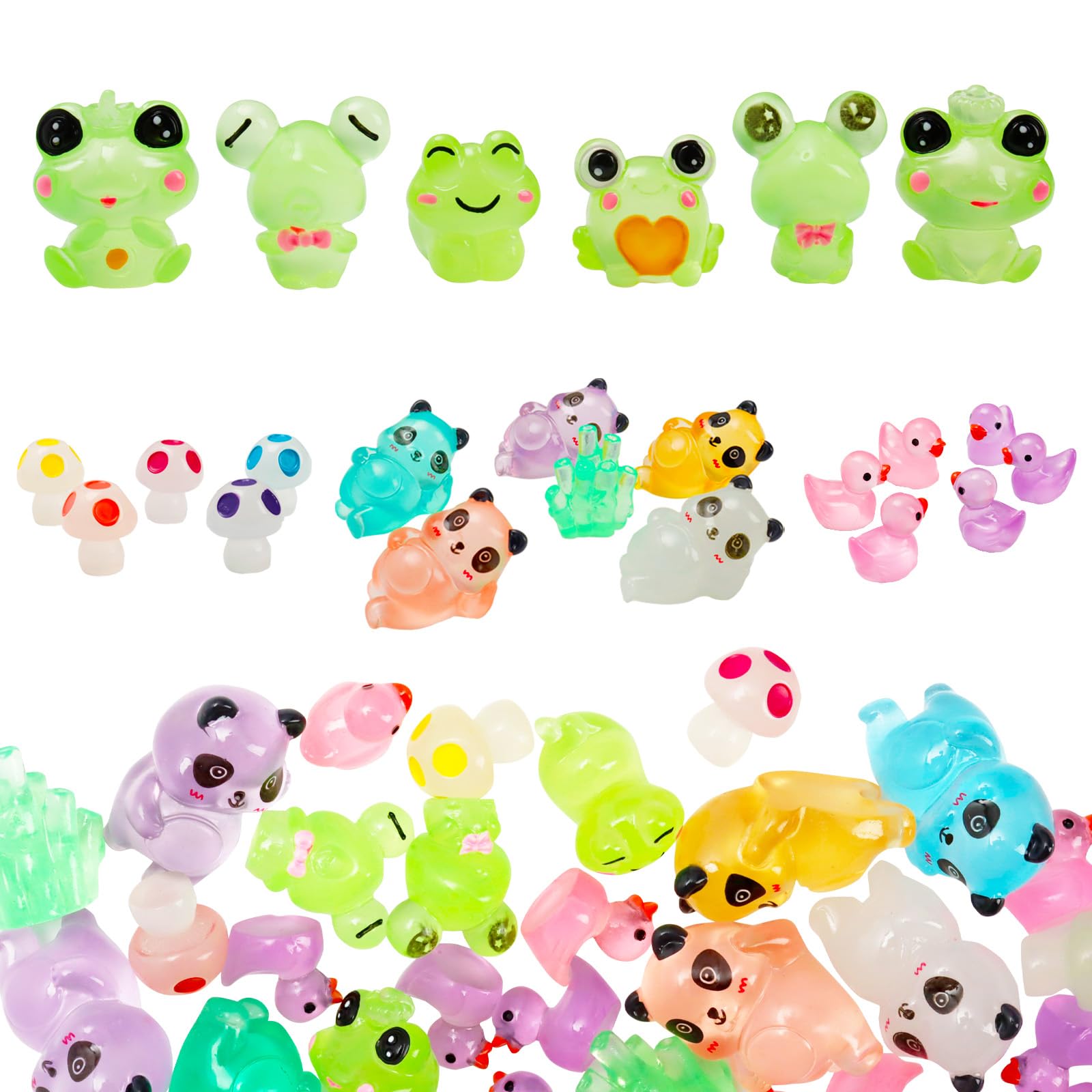 X Hot Popcorn Luminous Mini Resin Ducks Glow in The Dark Tiny Duck Mini Frogs Panda Mushroom Mini Amimals Figurines Set for DIY Garden Micro Landscape Aquarium Dollhouse Crafts Decor 66PCS