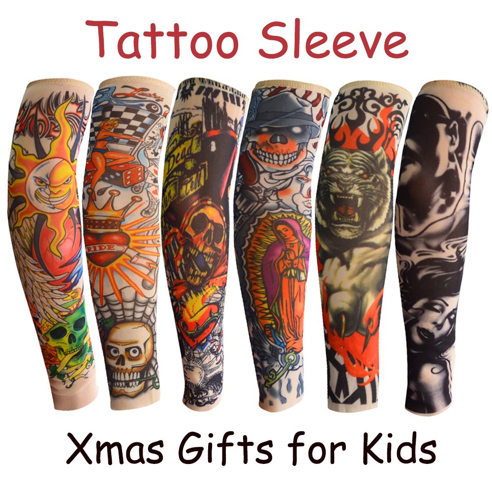 Acfun 6pcs Temporary Tattoo Sleeve for Kids Boy Girls, Fake Slip on Arm Sunscreen Sleeves for Outdoor Sports Riding Cycling