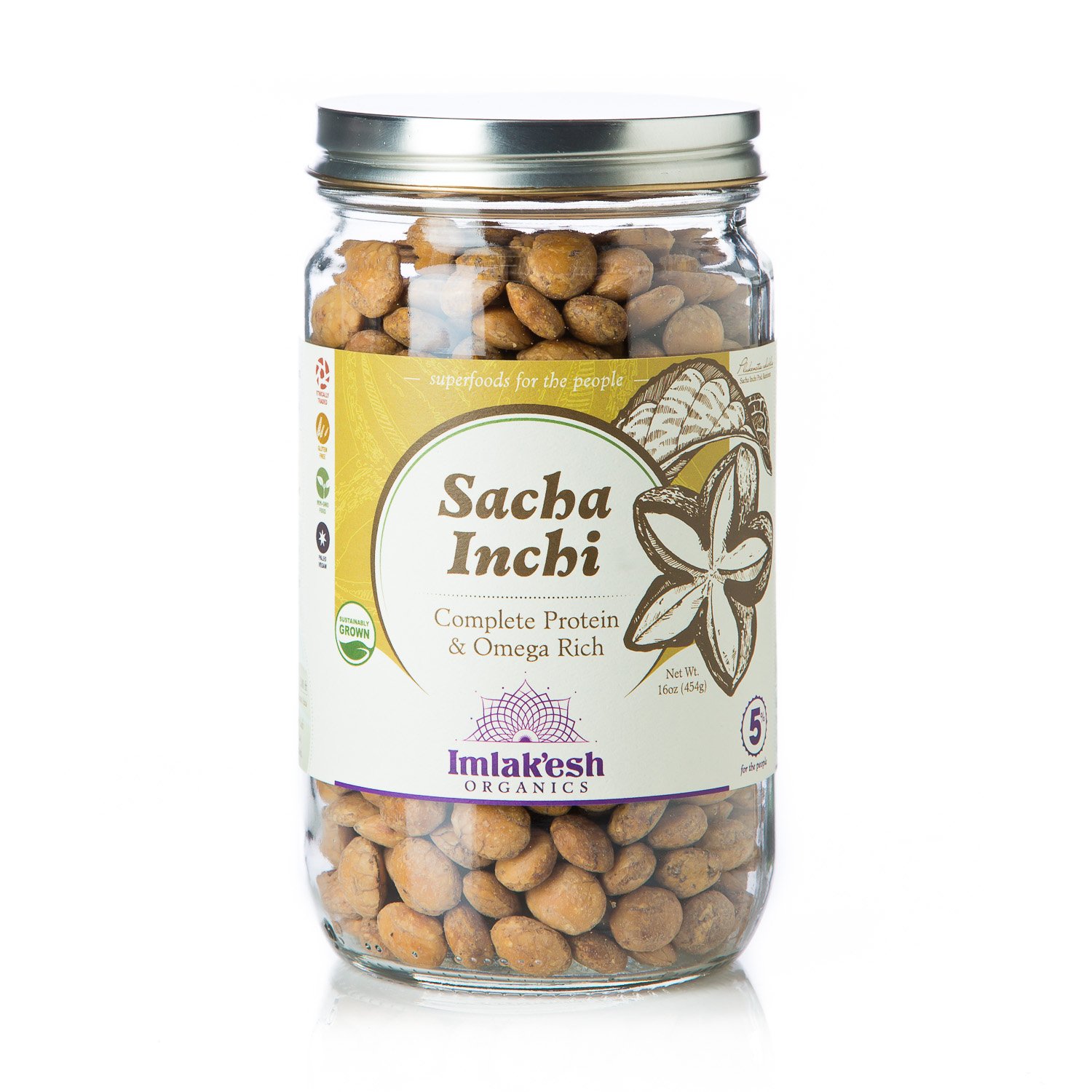 Imlak’esh Organics - Organic Sacha Inchi Nuts - Zero Net Carbs Keto Friendly High Protein Nut Snacks - Omega 3 Nuts with No Sugar - Non-GMO and Paleo Friendly Snack (16oz Glass Jar)