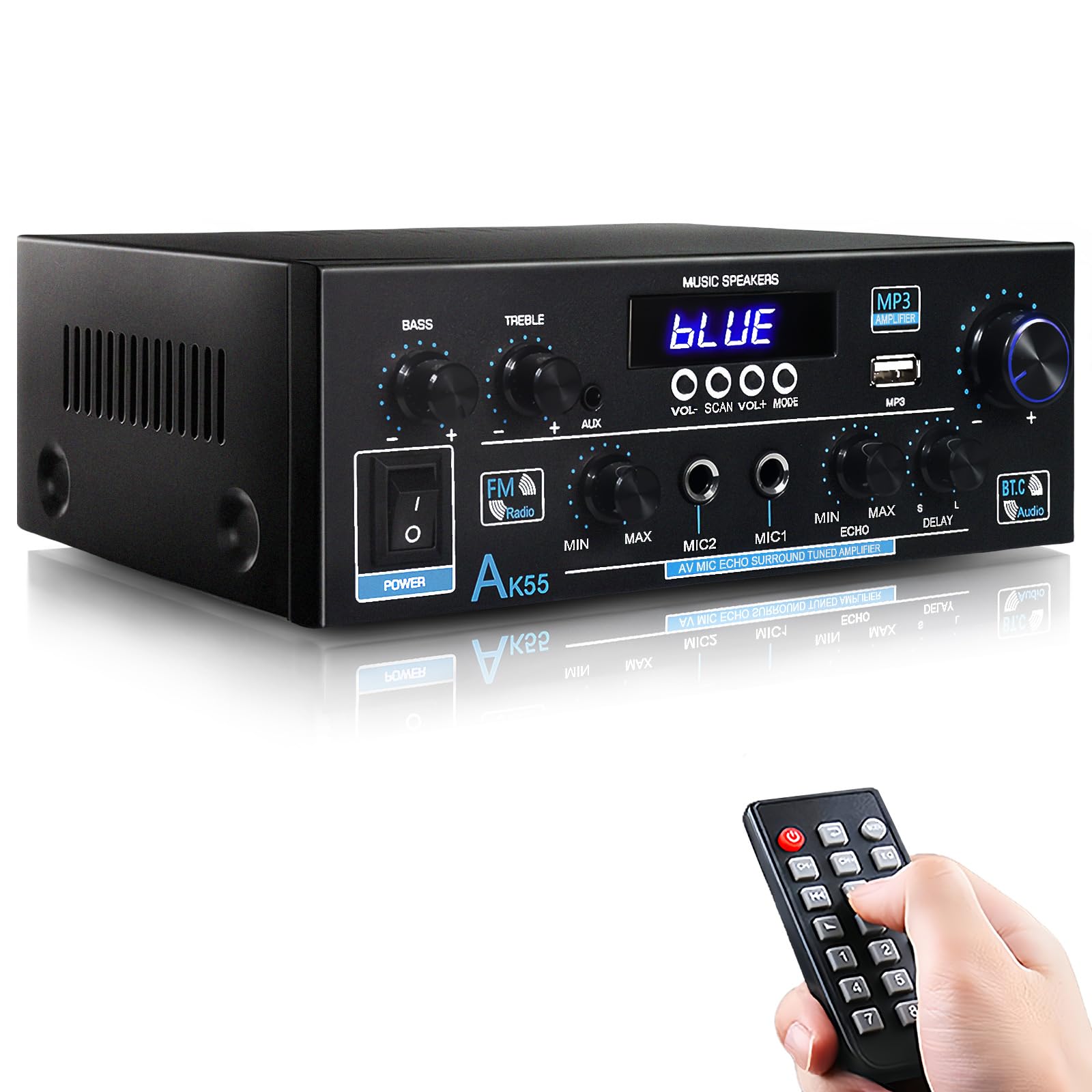 WOOPKER AK55 Stereo Amplifier Home Audio with Bluetooth 5.0 Rated Power 70W X2 Mini AMP 2.0 Channel Stereo Receivers for Home Theater Audio System, Studio, Karaoke, W/Bass/Treble/AUX/FM/MIC/USB