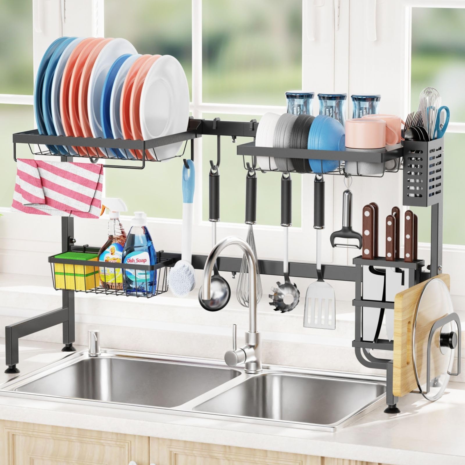 iSPECLE Over Sink Drainer Rack - Length Adjustable (33.6 to 39.6 inch) Dish Drainer Rack with Multiple Baskets, Utensil Holder, Hooks, Large Capacity Over Sink Dish Rack, Space Saver, Black