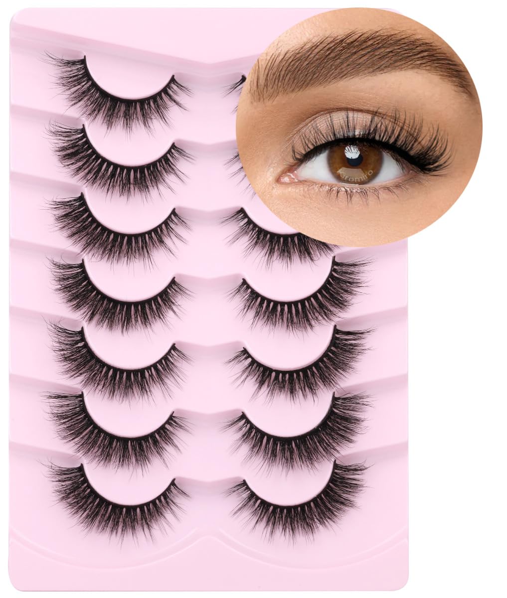 Lashes Natural Look Faux Mink Lashes Fluffy Wispy Eyelashes Short Natural False Lashes Cat Eye 6D Volume Strip Lashes Pack 7 Pairs