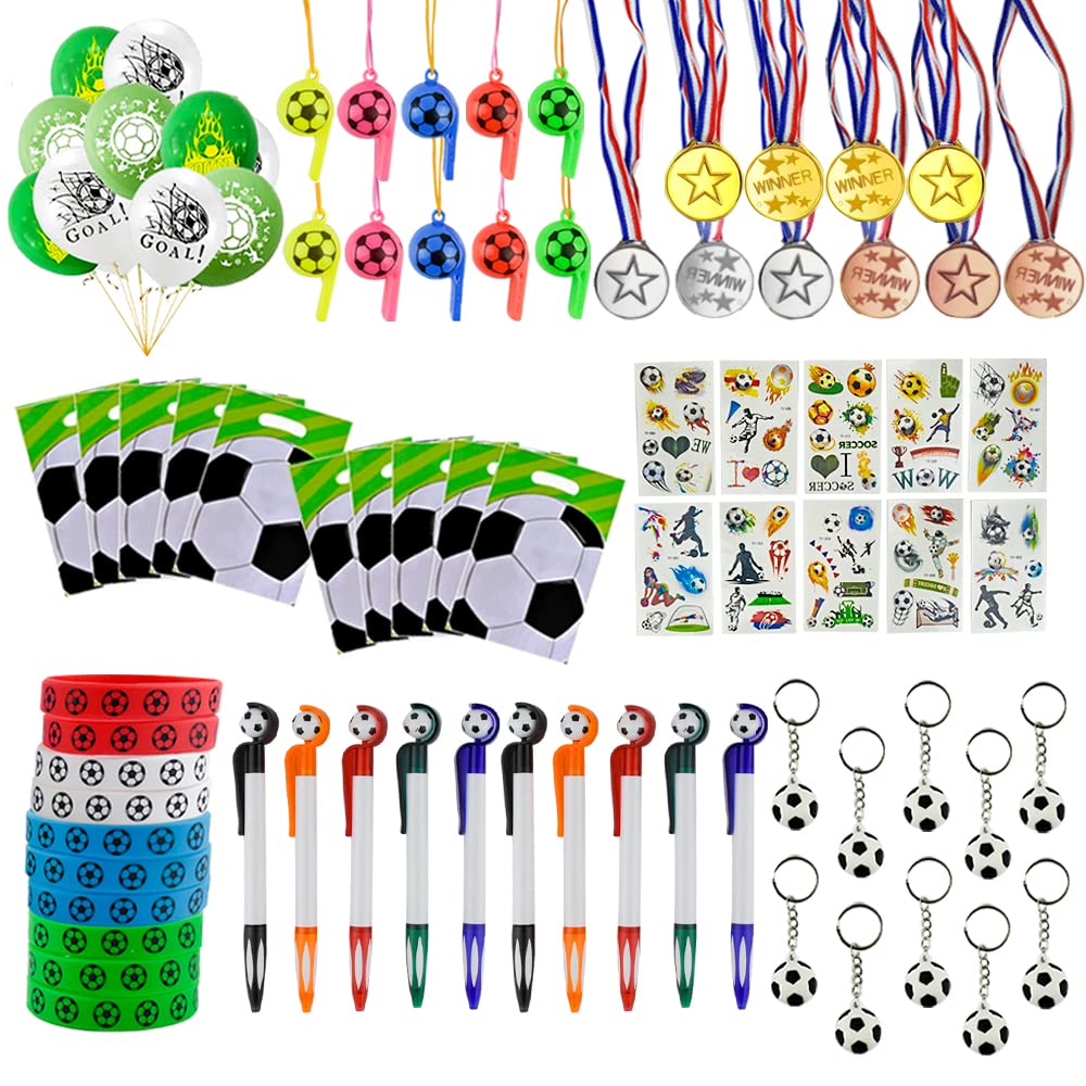 Locisne 80 PCS Soccer Birthday Party Decorations, 8 Types - Football Balloons, Football Key Chains, Silicone Bracelets, Whistles, Medals, Football Tattoo Stickers, Pens, Party Gift Bags *10 PCS