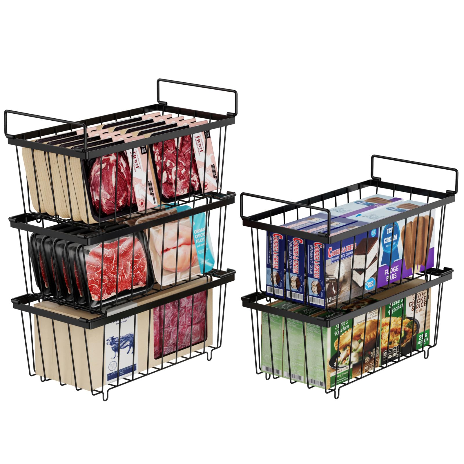 iSPECLE Chest Freezer Organizer Bins - 5 Pack Stackable Freezer Organizer Bins for 7 Cu.FT Deep Freezer Sort Food, Deep Freezer Organizer Bins Easy to Get Food from Bottom Better Ventilation, Black