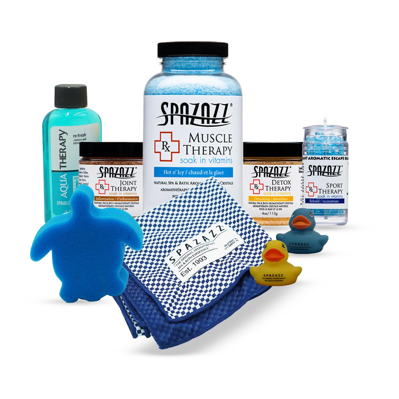 SpazazzSports Athlete Hot Tub & Bath Salt Gift Bundle - Muscle Therapy 19 oz, Rx Joint 4oz, Detox 4oz, Aqua Therapy Re-Fresh 2.5oz, Sport Aroma Beads .5oz, scum Sponge, Hot/Cold Towel, Rubber Duck