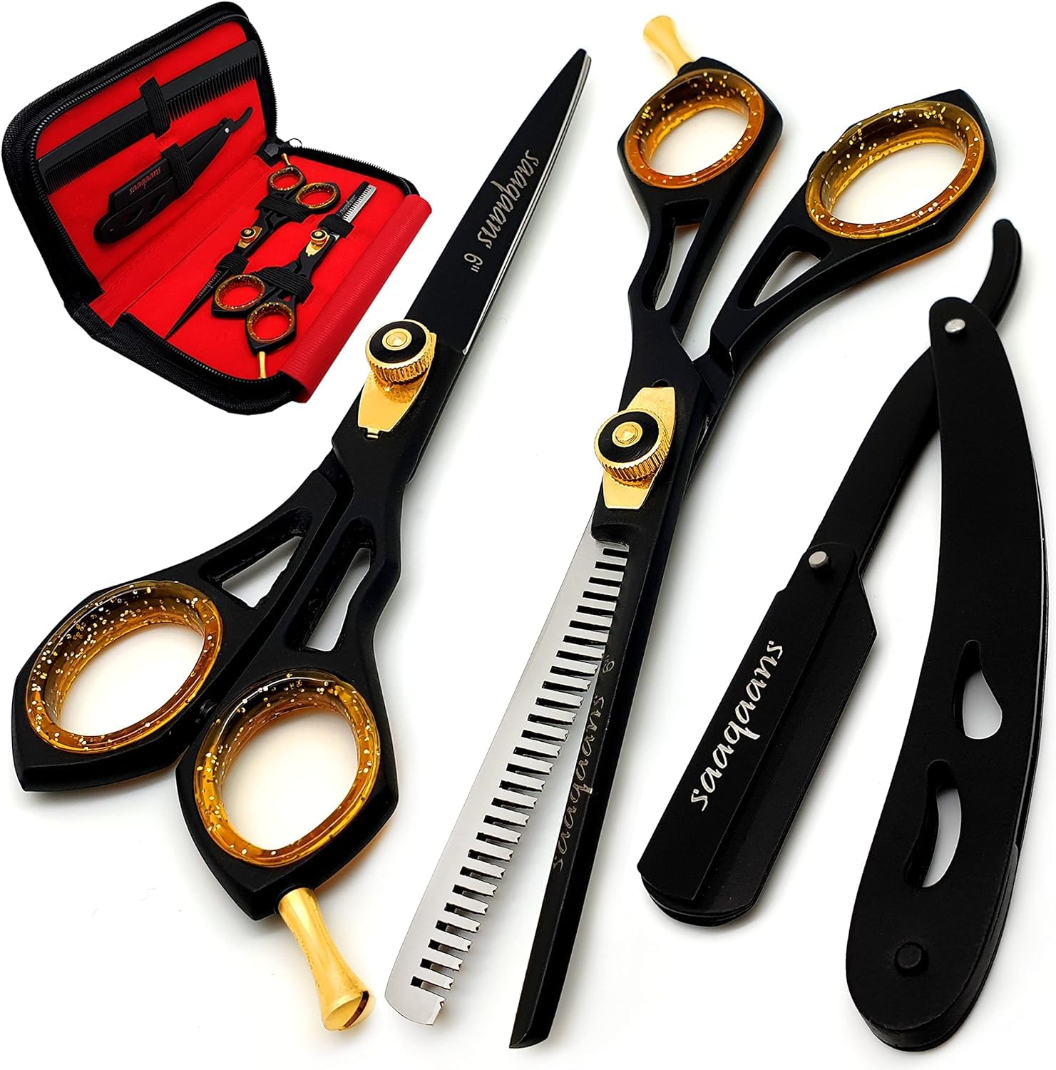 Saaqaans SQS-01 Professional Hair Cutting Scissors Set - Haircut Scissor for Barber/Hairdresser + Thinning Hairdressing Shear for Beautician + Straight Razor + 10 Blades with Case (Scissors Set AE)