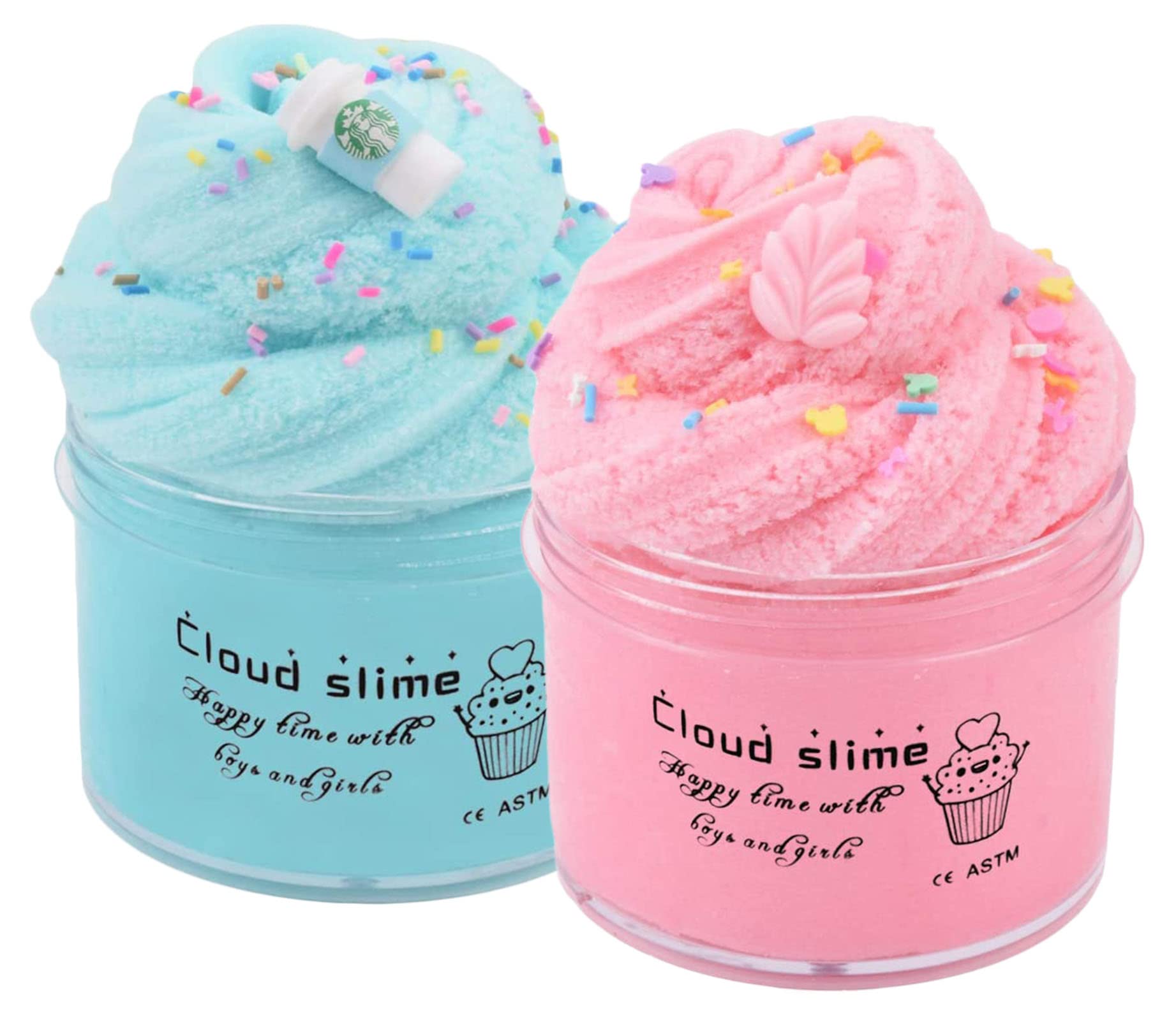 Basywiim 2 Pack Cloud Slime Kit, Blue and Pink Cloud Slime, with pink leaves and coffee cup Cute Charms, Educational Stress Relief Toys for Girls Boys Kids, Party DIY Toy, Birthday Gift