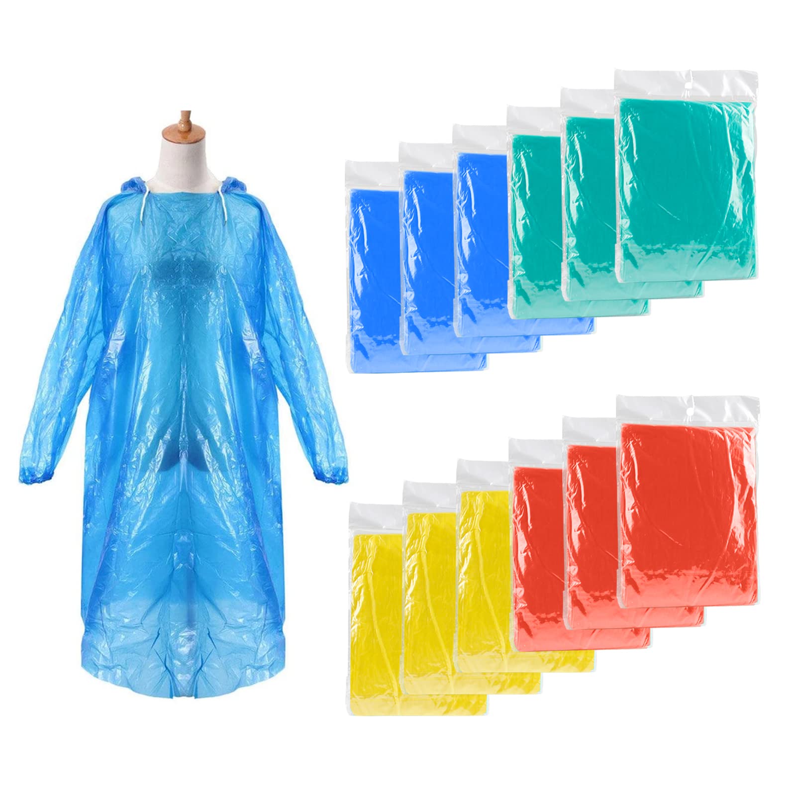 MtureDisposable Rain Poncho with Hood, Pack of 12 Rain Poncho with Hood, Poncho, Raincoats, Waterproof, Unisex for Outdoor, Camping, Festivals, Gardening, Cycling, Multicoloured