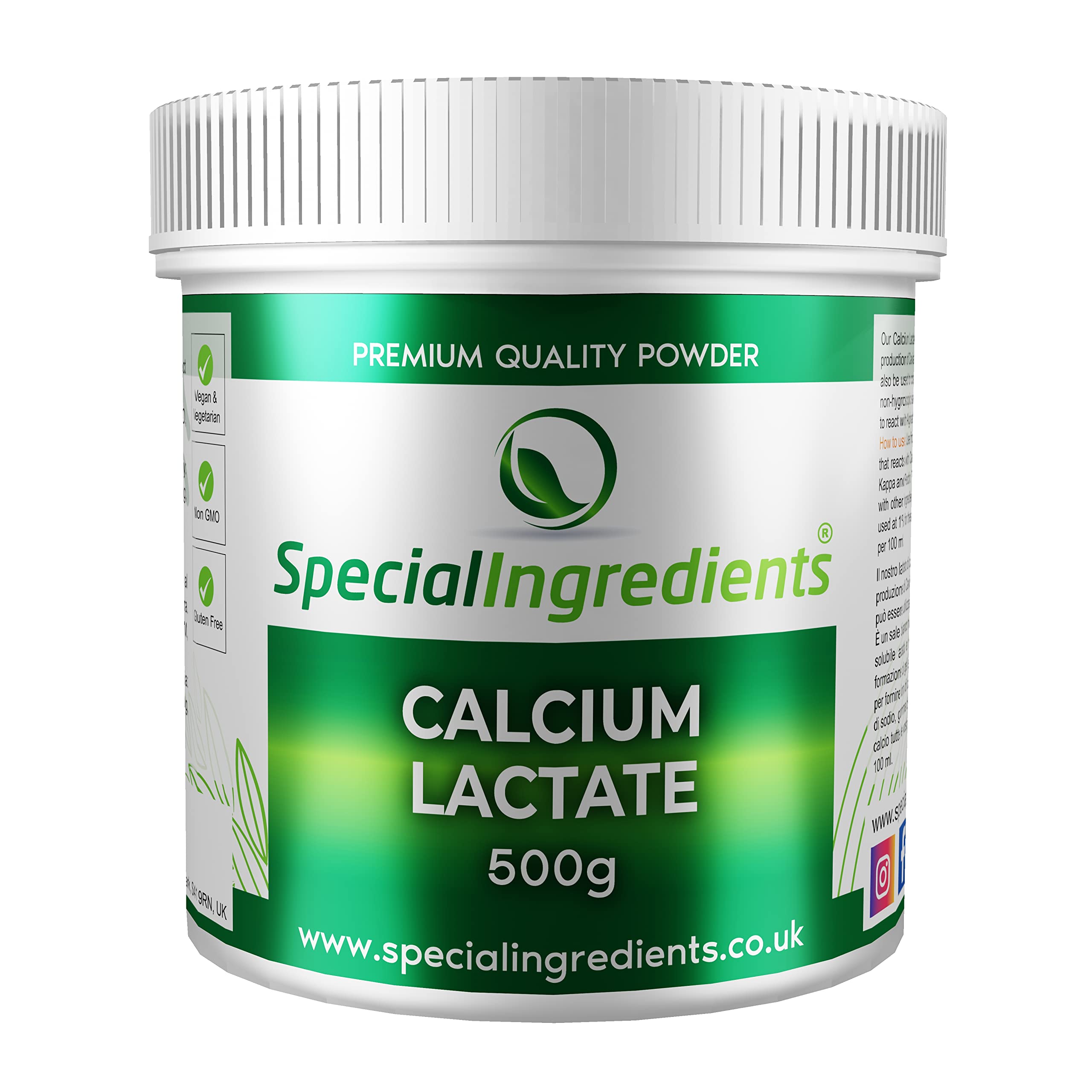 Calcium Lactate Powder 500g Premium Quality - Vegan & Vegetarian, Non-GMO, Gluten Free - Recyclable Container