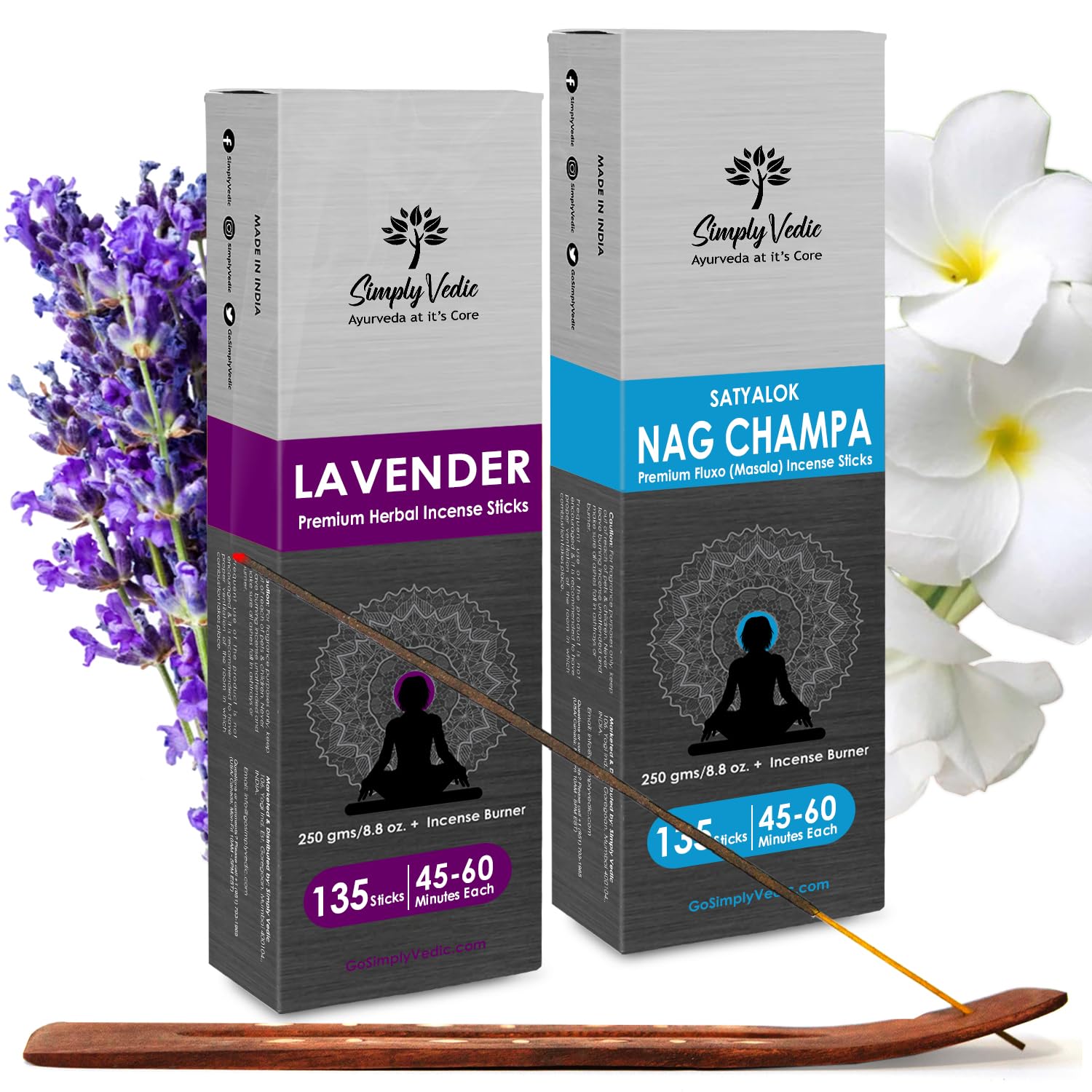 Simply Vedic Pack of 2 Incense Sticks (Lavender and Nag Champa) 500-Grams (Approx 270 Premium Incense Sticks + Incense Holder)| Lasts 60-Minutes, Ideal for Meditation, Yoga, Spirituality |