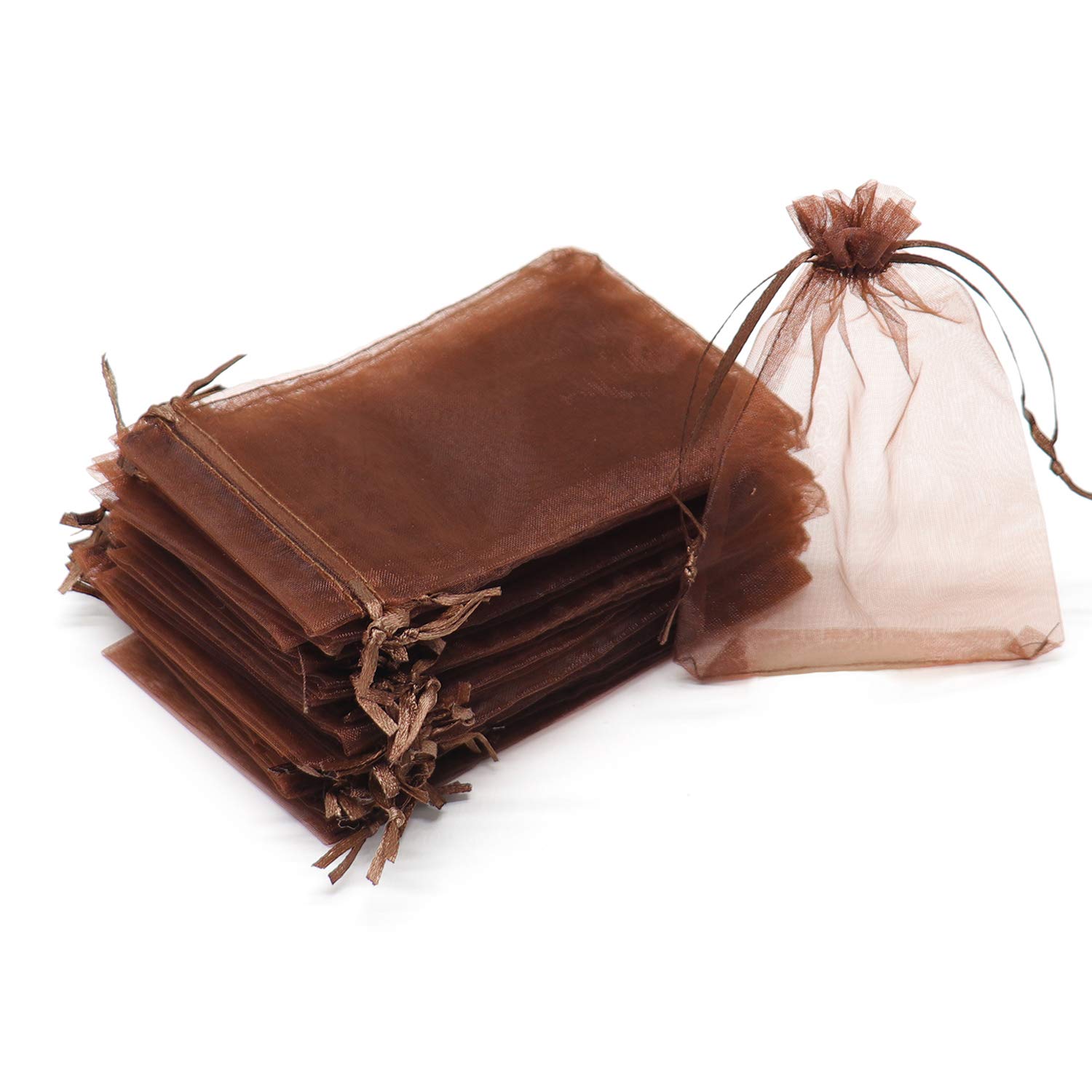 Dealglad100Pcs Organza Gift Bags 3.5x4.5 inch, Brown Small Mesh Jewelry Bags Drawstring for Small Business, Wedding Party Favor Gift Candy Pouches