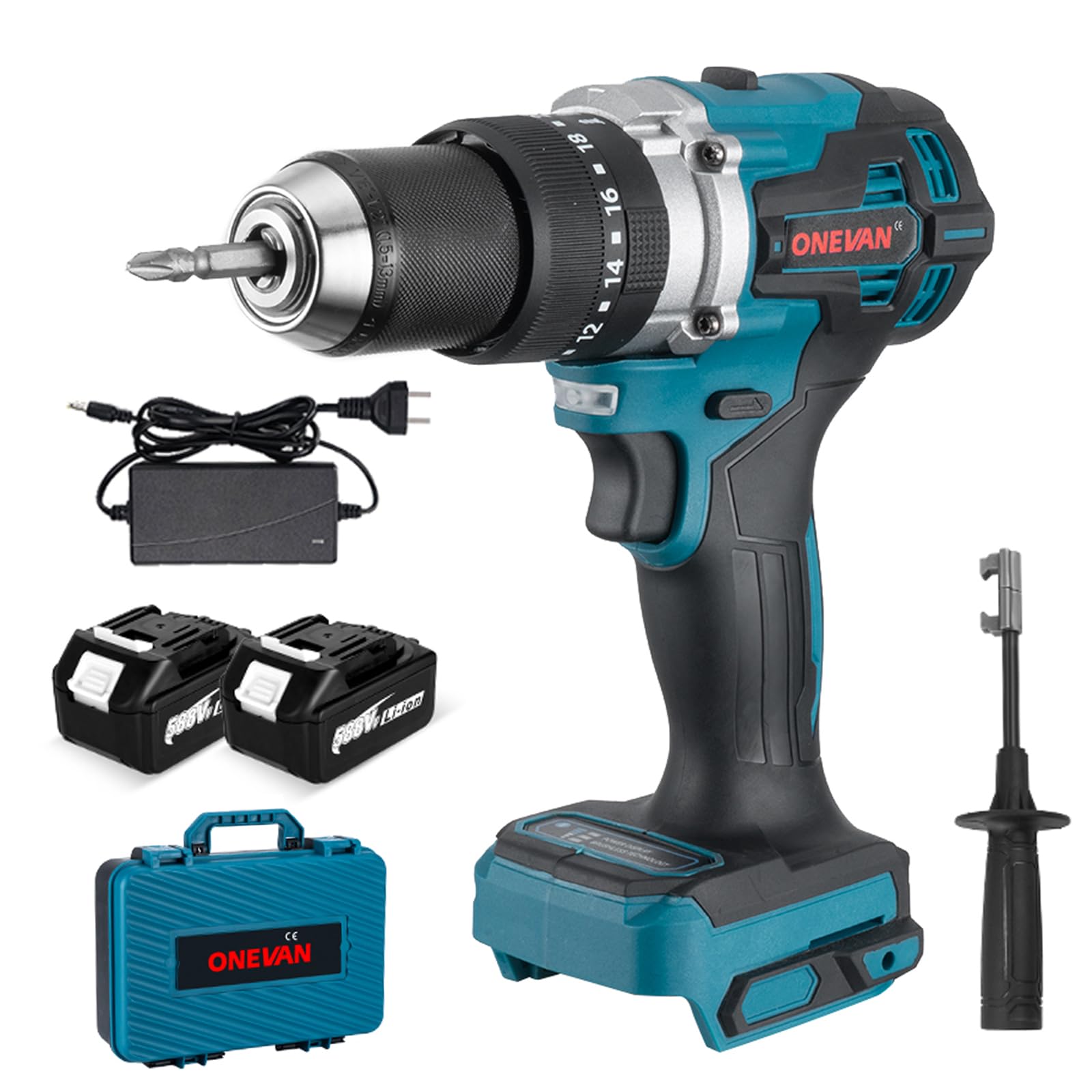 ONEVANCordless Drill 18V, Cordless Drill, Brushless 3 in 1 Cordless Screwdriver Cordless Impact Drill, 2 Speed ​​Drill Machine Screwdriver Electric Cordless Screwdriver (Incl. 2 Batteries & Charger)