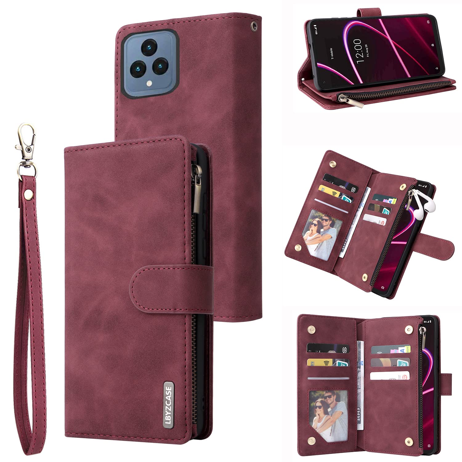 LBYZCASE Case for T-Mobile REVVL 6 5G 6.52'' with Card Slots,Durable Flip Folio Kickstand Magnetic Closure Leather Zipper Wallet Wrist Strap Women Men Case Cover for T-Mobile Revvl 6 5G (Wine Red)