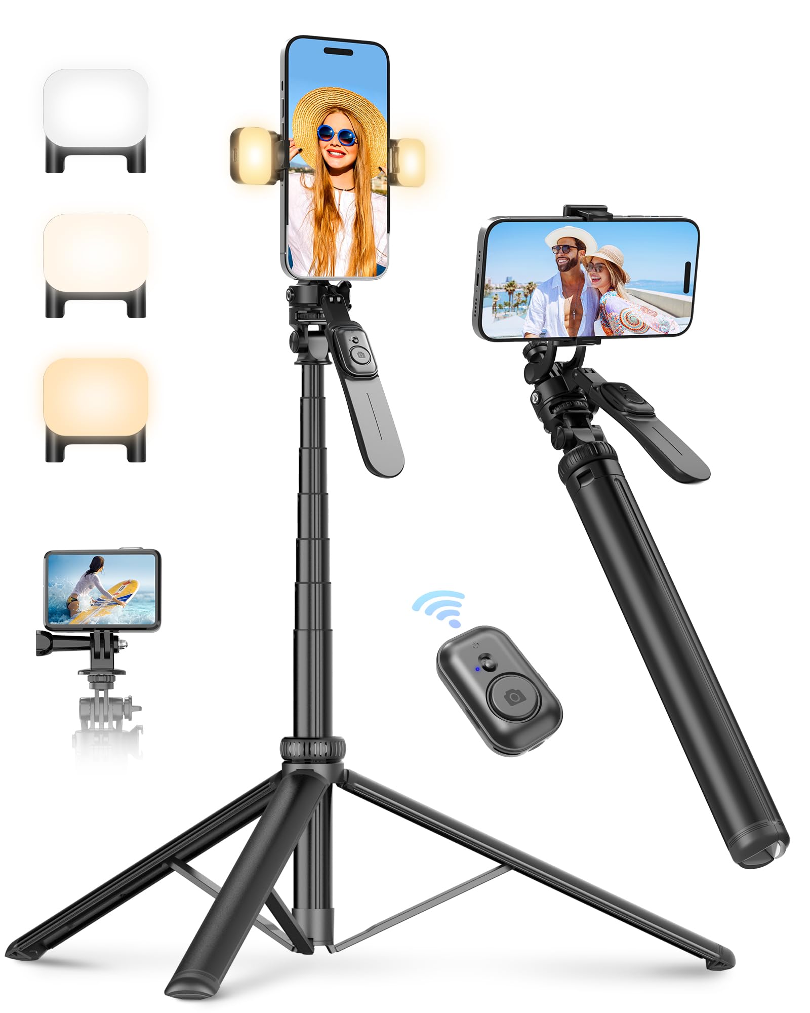 Eocean 2m Mobile Phone Tripod Stand with Fill Light, Anti-Shake iPhone Tripod Selfie Stick with Remote, Extendable Tall Travel Tripod for Video Recording/Vlogging/Filming