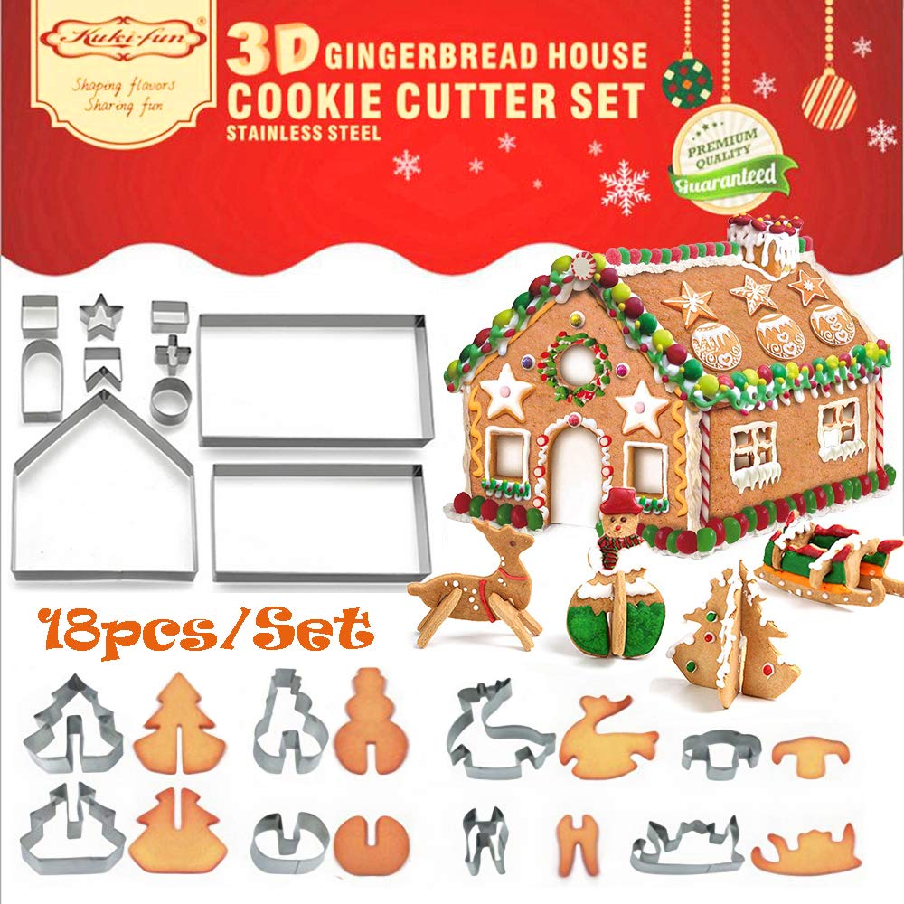 SAKOLLA 18 PCS Gingerbread House Cookie Cutter Set, 3D Stainless Steel Christmas House Fondant Cutter Kit, Including Christmas Tree, Snowman, Reindeer, Sled Shapes, Gift Box Package