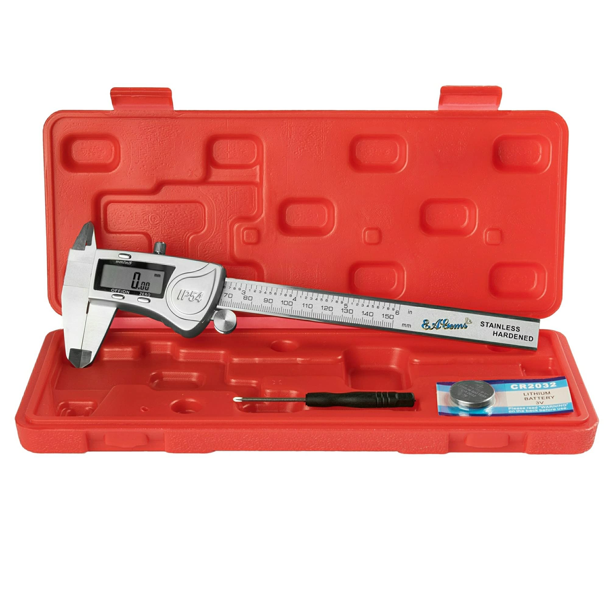 Digital Caliper, Durable Stainless Steel Electronic Measuring Tool by EAGems; Get IP54 Protection and Precision Fractional Measurements in SAE/Metric 6 inch/150mm with Large LCD Vernier Calipers