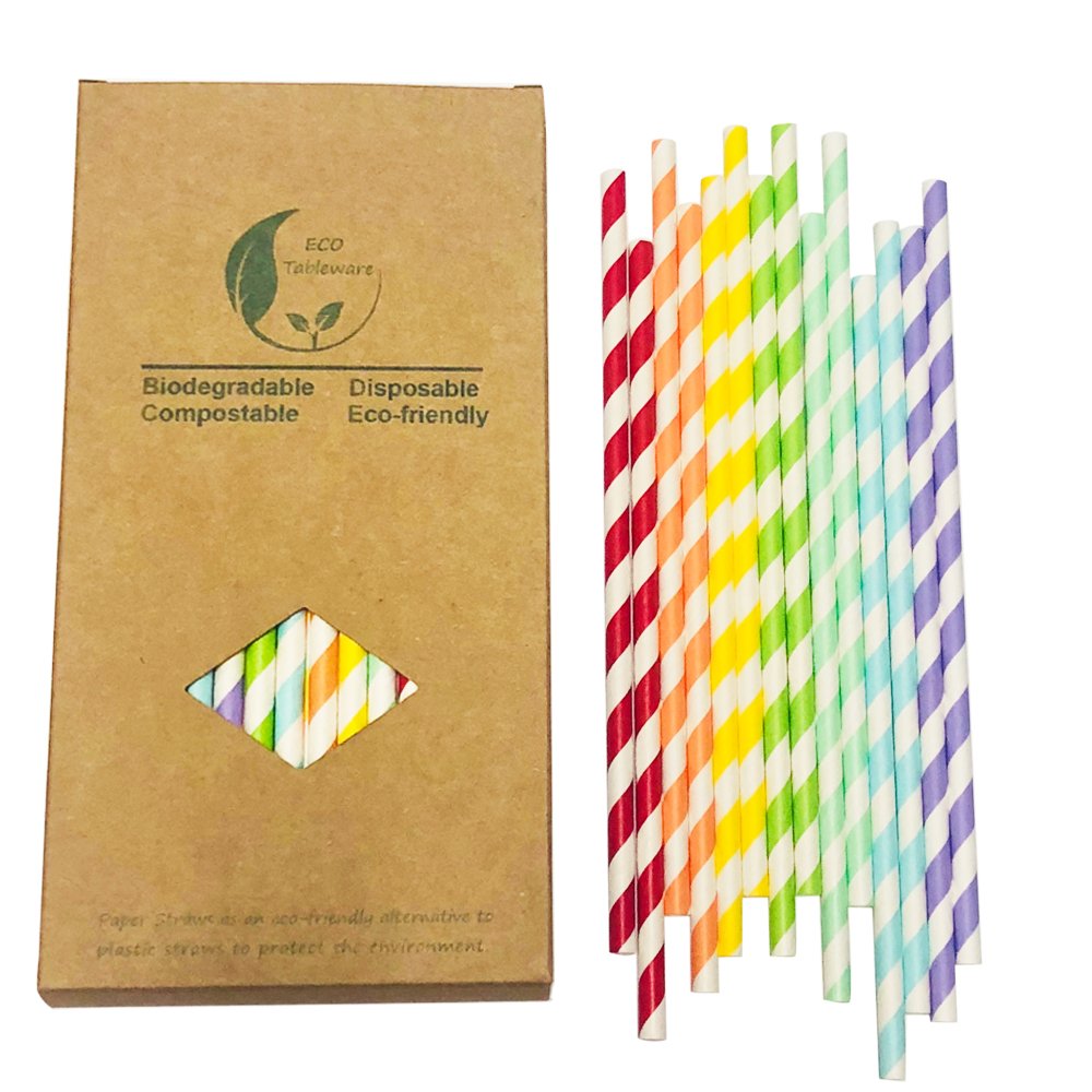 BOFA Eco Tableware Colorful Striped Paper Straws 7 Colors Mixed, 197 x 6mm, 100 Counts Rainbow Assorted Colors Disposable Paper Straw For Cake Pop Sticks Party Decorations