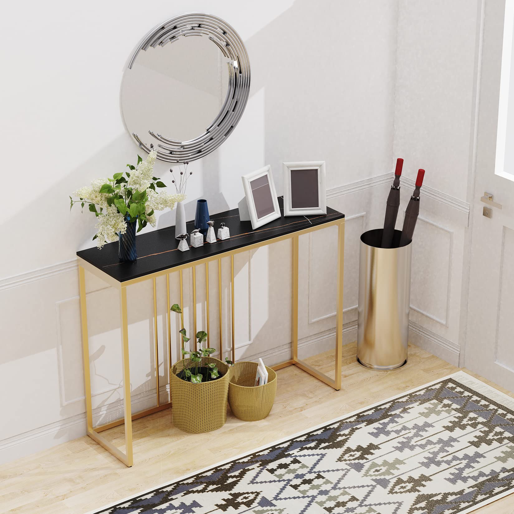 Wisfor Console Table for Entryway: Genuine Sintered Stone Table Marble Table Top Metal Golden Frame Modern Table Sturdy Sofa Side Table Console Hallway Foyer Table, Black 100x30x78.5cm