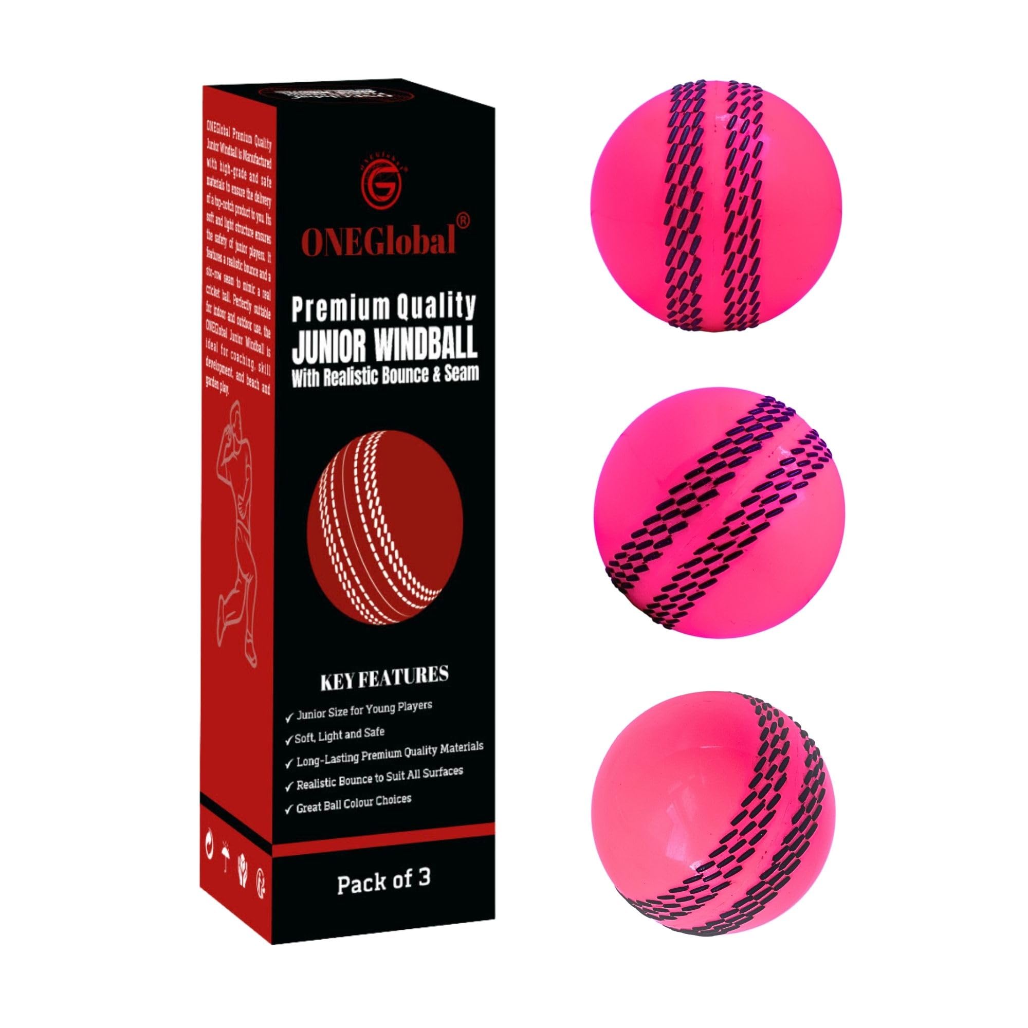 ONEGlobal Premium Windball Soft Cricket Ball | Durable & Safe, Raised Colour Seam, Realistic Bounce & Swing | Ideal for Indoor & Outdoor Coaching, Practice, Garden & Beach Games (All Ages)