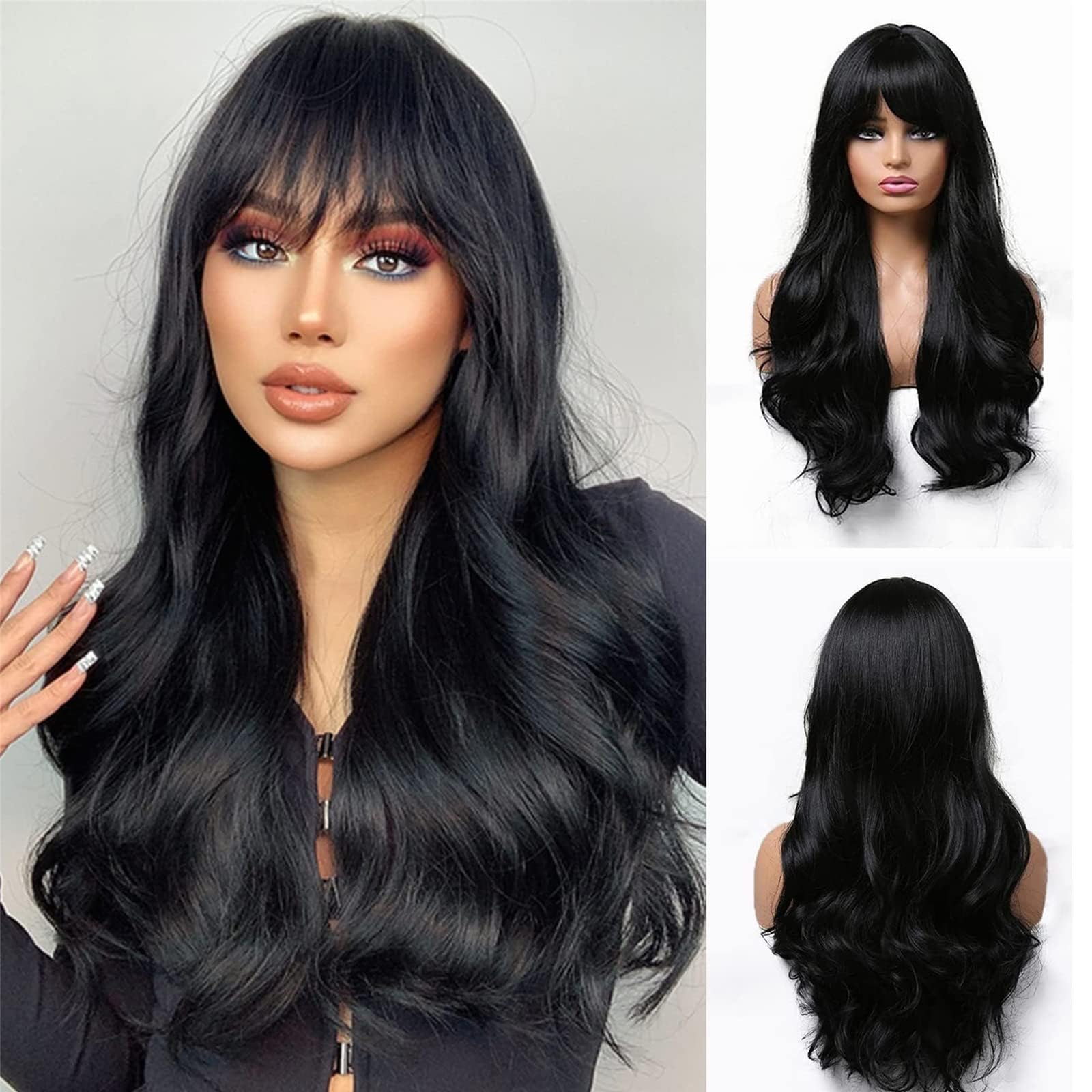 Joyzzz Long Wave Wigs with Bangs, Natural Curly Wavy Hair Black Color Synthetic Wigs with Neat Bangs, Can Modify Heat Resistant Weave Wigs, Women Wigs for Daily Party Cosplay