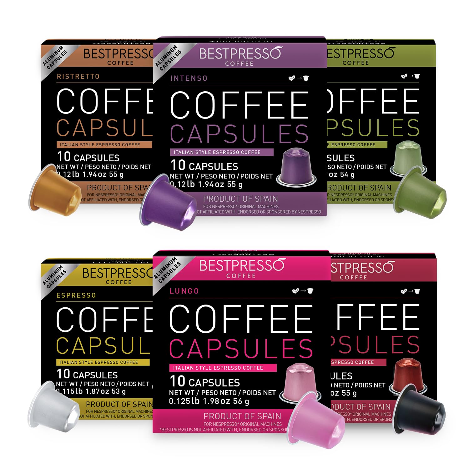 Bestpresso Coffee for Nespresso OriginalLine Machine 120 pods Certified Genuine Espresso Variety Pack, Pods Compatible with Nespresso OriginalLine  Roast Ridge Single Serve Coffee Pods for Keurig K-Cup Brewers, Variety Pack, 100 Count (20 each: Salted Caramel, Southern Pecan, Chocolate Mocha, Hazelnut, French Vanilla)  San Francisco Bay Compostable Coffee Pods - French Roast (80 Ct) K Cup Compatible including Keurig 2.0, Dark Roast  Rosso Coffee Capsules for Nespresso Original Machine - 60 Gourmet Espresso Pods Variety Pack - Single-Serve Aluminum Coffee Pods - Compatible with Nespresso Original Line Machines (Variety 60)  Mixed Variety Pack for Nespresso | 100 Test Winning Aluminum Capsules | 9 Distinctive Italian Flavors | 100% Nespresso Compatible Pods  Grove Square Cappuccino Pods, French Vanilla, Single Serve, 50 Count (Pack of 1) - Packaging May Vary  ITALIAN COFFEE FOR ESPRESSO LOVERS Italian Coffee capsules compatible with Verismo, CBTL, Caffitaly, K-fee systems (Sampler, 4 flavors, 40 pods tot., No decaf)  Starbucks by Nespresso Medium Roast Pike Place Roast Coffee (50-count single serve capsules, compatible with Nespresso Original Line System)