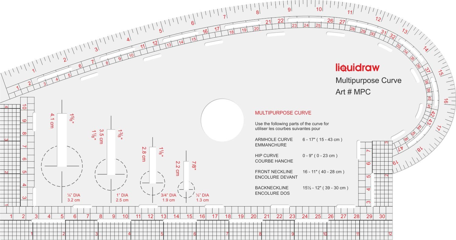 Liquidraw 4 in 1 Multipurpose Curve Ruler Includes Armhole Curve Ruler, Hip Curve Ruler, Front Neckline & Back Neckline, Pattern Making Fashion Design Ruler - Imperial & Metric