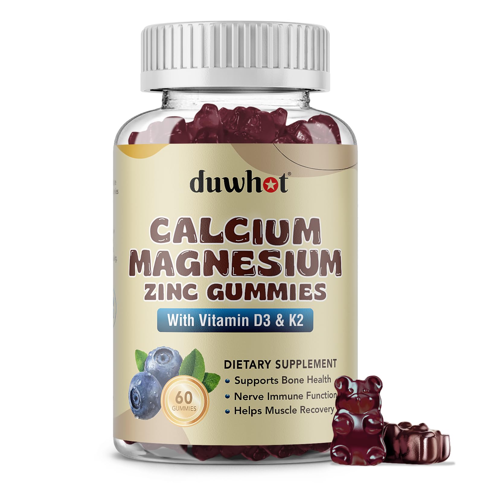 Calcium Gummies for Women & Men, Chewable Calcium 1000 mg with Magnesium Zinc, Vitamin D3 & K2, for Bone & Nerve Health, Muscle Function, Immune Support & Stress Relief, Blueberry Flavor, 60 Ct