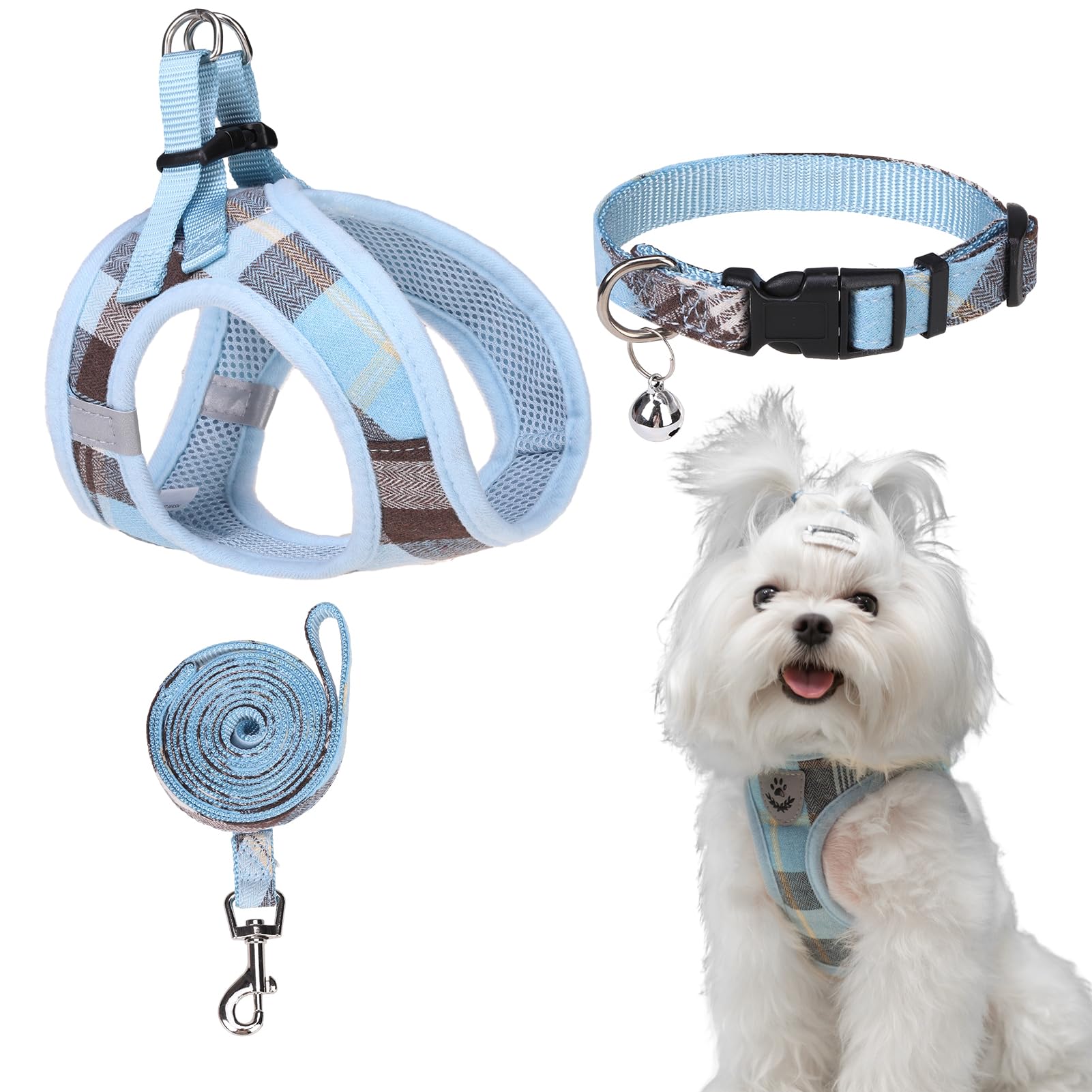 EXPAWLORER Classic Plaid Step in Dog Harness - Small Dog Collar and Leash - Soft Mesh Padded Adjustable Small Dog Vest Harness No Pull, Reflective Escape Proof for Outdoor Walking, Blue X-Small