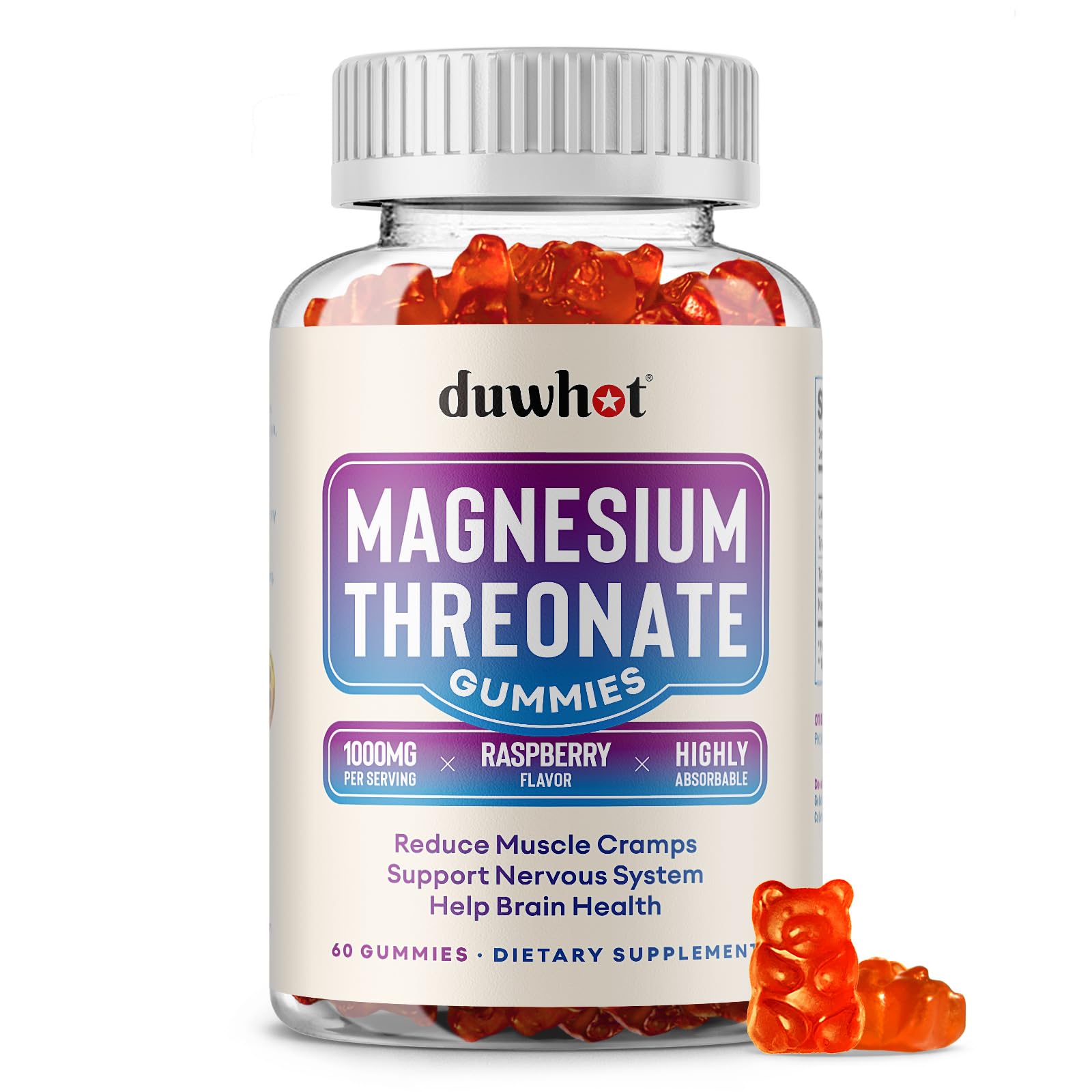 Magnesium Threonate Gummies 1000mg, Magnesium Supplements for Kids & Adults, Sleep, Muscle & Nervous System Support, Vegan, 60 Raspberry Gummies