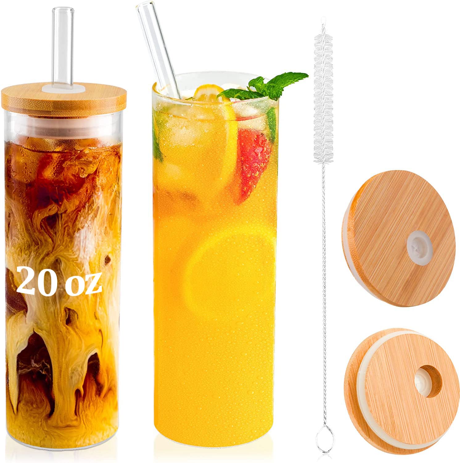 Glass Cups with Bamboo Lids and Straws, 20 OZ Drinking Glasses, Can Shaped Glass Cups, Reusable Clear Iced Coffee Cups for Smoothie, Juice, Milk, Whiskey, Soda, Tea, Water- 2 Pack