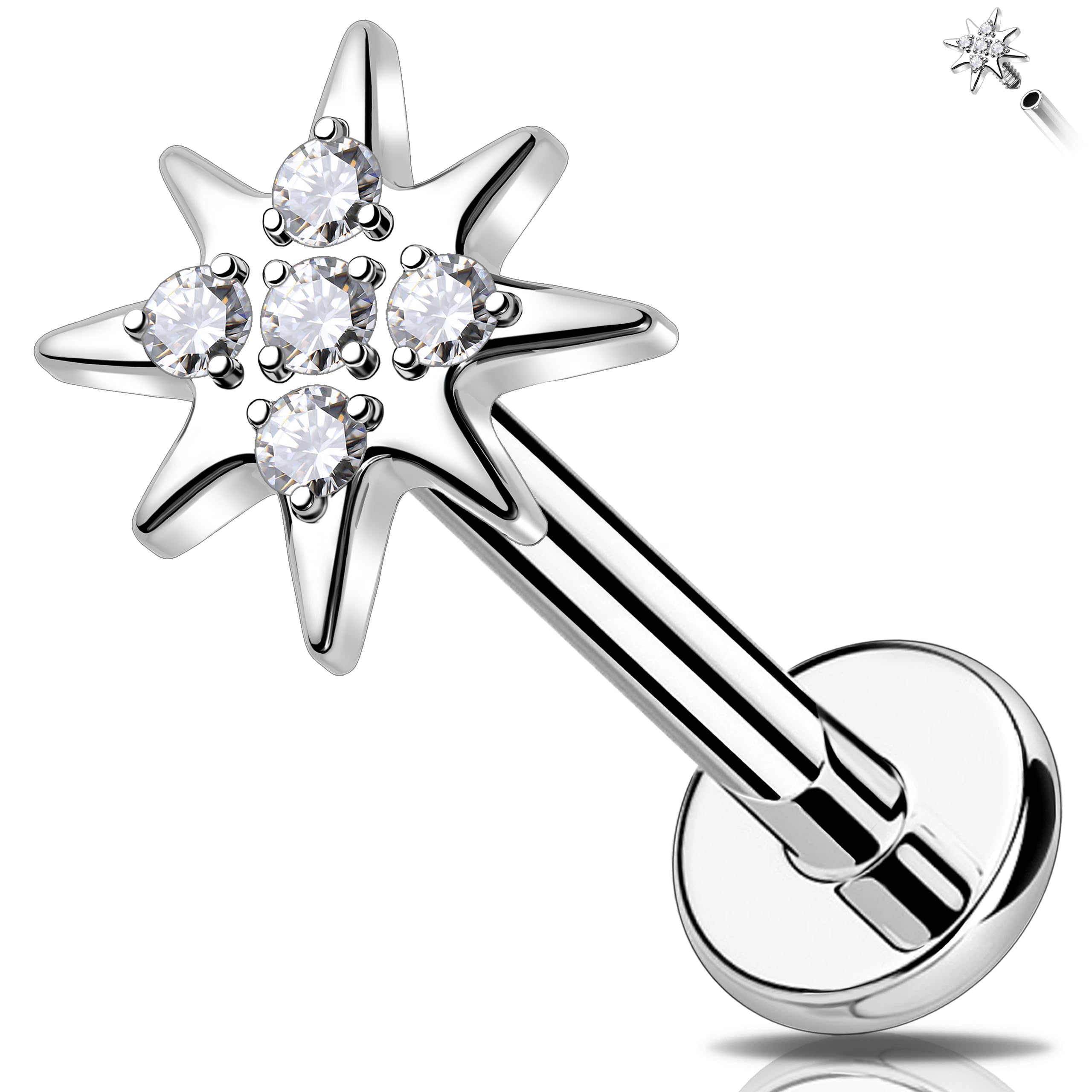 MelightingTitanium G23 Helix Earring 16G Flat Back Earring Internally Threaded Cartilage Earring Clear CZ Eight Awn Star Tragus Piercing Jewelry For Women 8mm