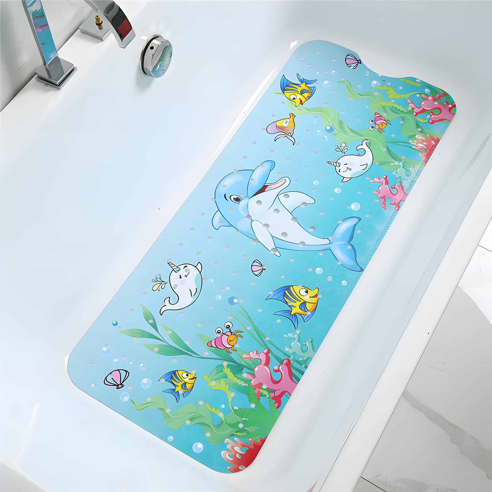 Baby Bath Mat Non Slip Anti Mould, Extra Long Bath Shower Tub Mat with Suction Cups and Drain Holes, Cartoon Patterned Kids Shower Mats, Machine Washable (Whale, 100 x 40cm)