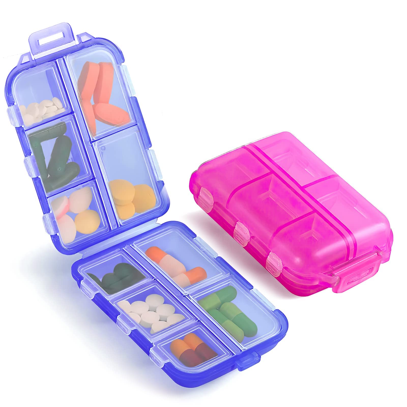 ExeQianmingTravel Pill Organizer Box, 2 Pcs 10 Compartments Portable Plastic Pill Case, Pill Box Dispenser for Medicines, Vitamin, Fish Oil (Blue, Pink)