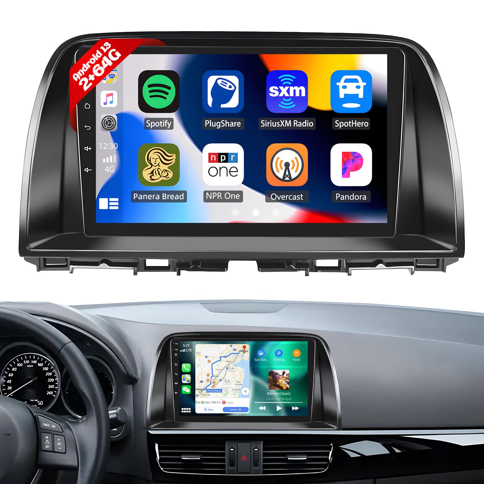 [2+64G] Android 13 Car Stereo for Mazda CX5 2012-2015 with Wireless Apple Carplay&Android Auto,9 Inch Touch Screen Car Radio with Mirror Link Bluetooth FM/RDS Radio WiFi GPS SWC+ Backup Camera