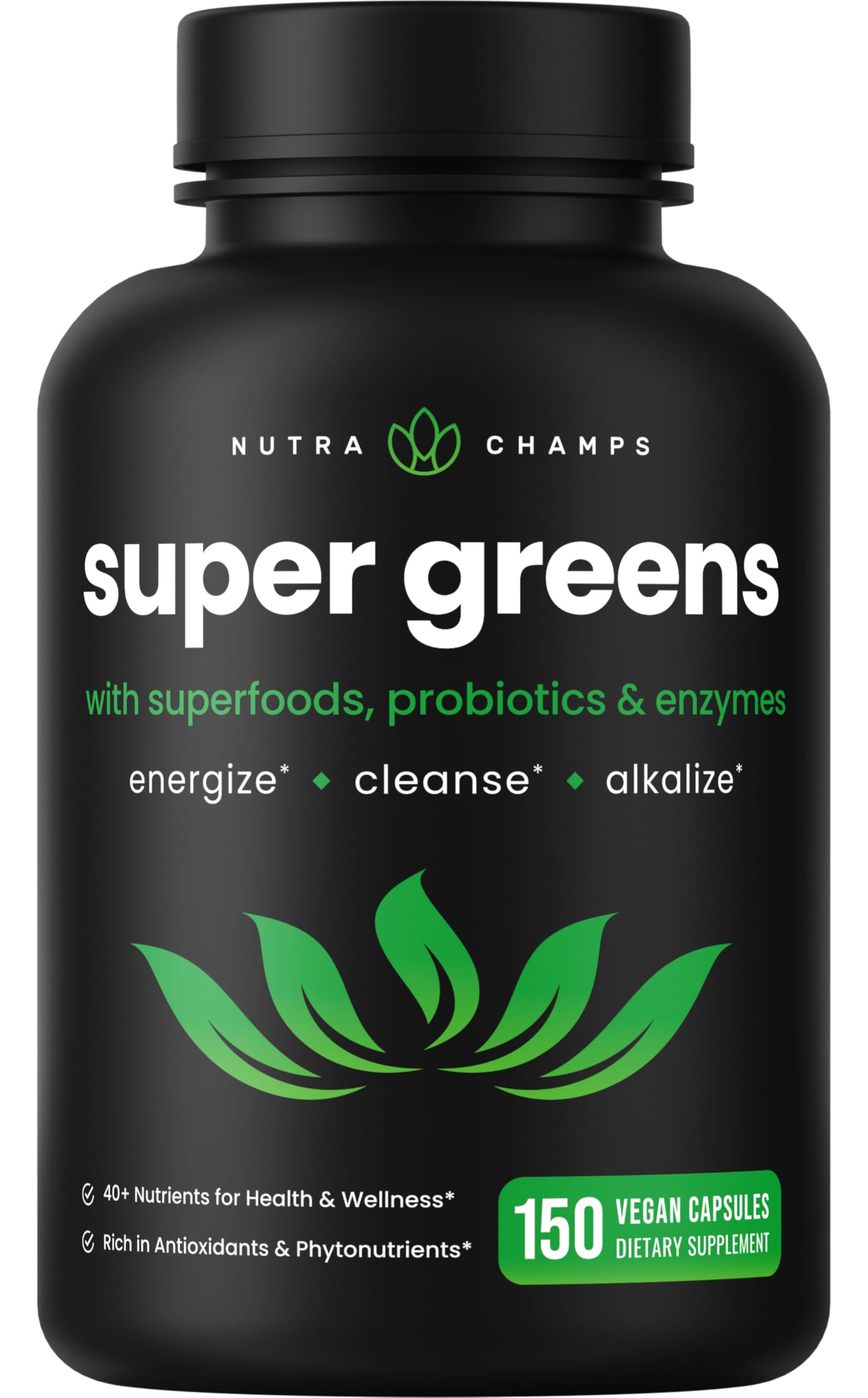 Organic Super Greens Capsules - 40+ Superfoods & Greens Supplements Capsules - Alfalfa, Spirulina, Chlorella & More - Antioxidant, Digestive Enzyme & Probiotic Blends - 150 Green Superfood Capsules