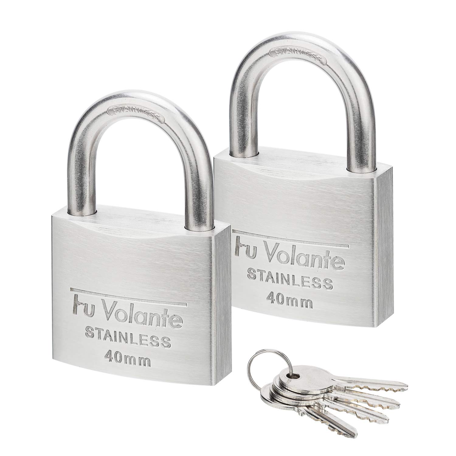 Fu Volante Stainless Steel Pin Tumbler Padlock, 304 Marine Series, Weatherproof Padlock for Outdoor use, 1-1/2 inch Wide Body, Keyed Alike Locks- Stainless Steel Body & Shackle-2 Pack