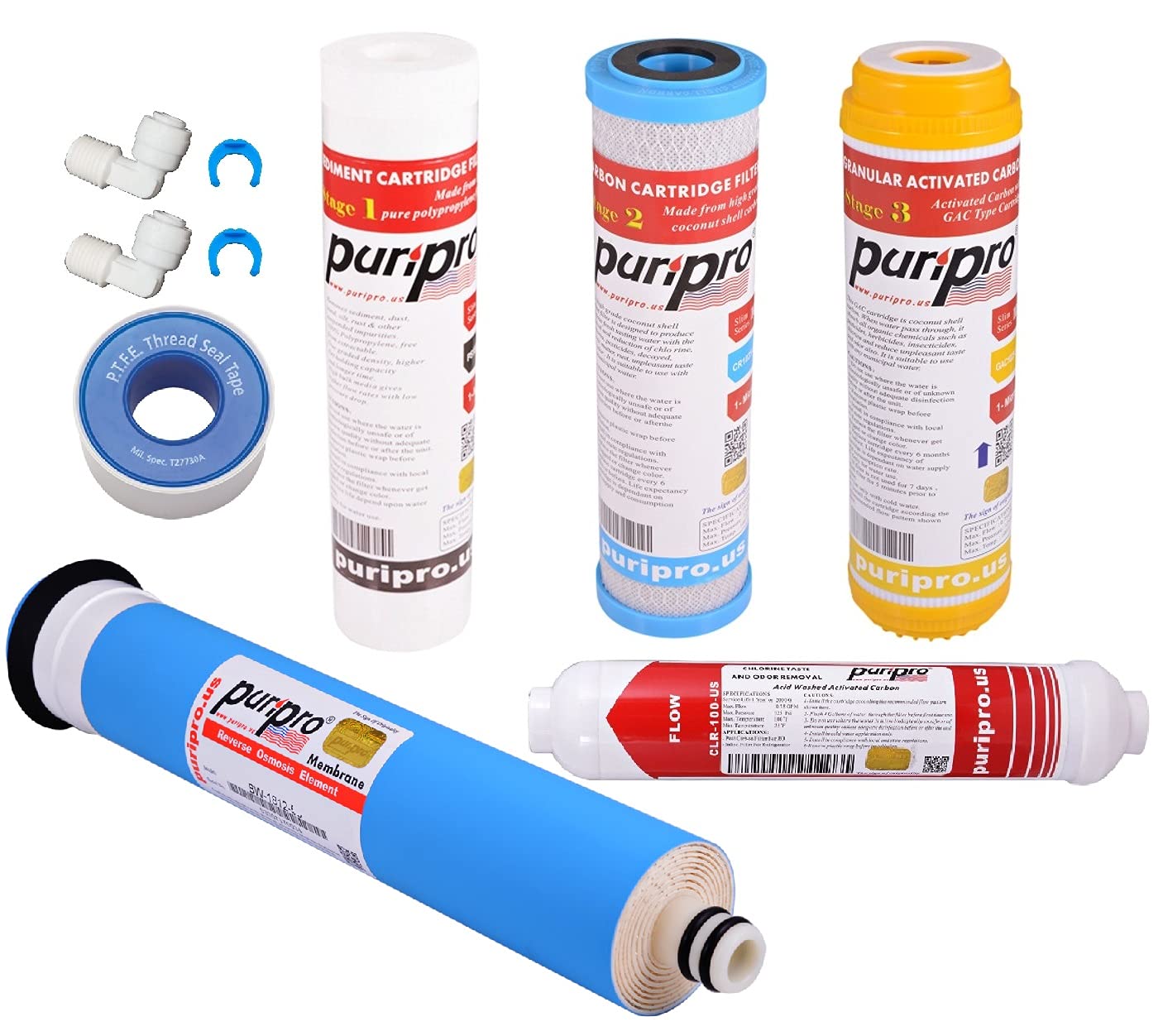 Puri Pro 5 Stage Reverse Osmosis FULL Replacement Water Filter Kit with 75 GPD Membrane