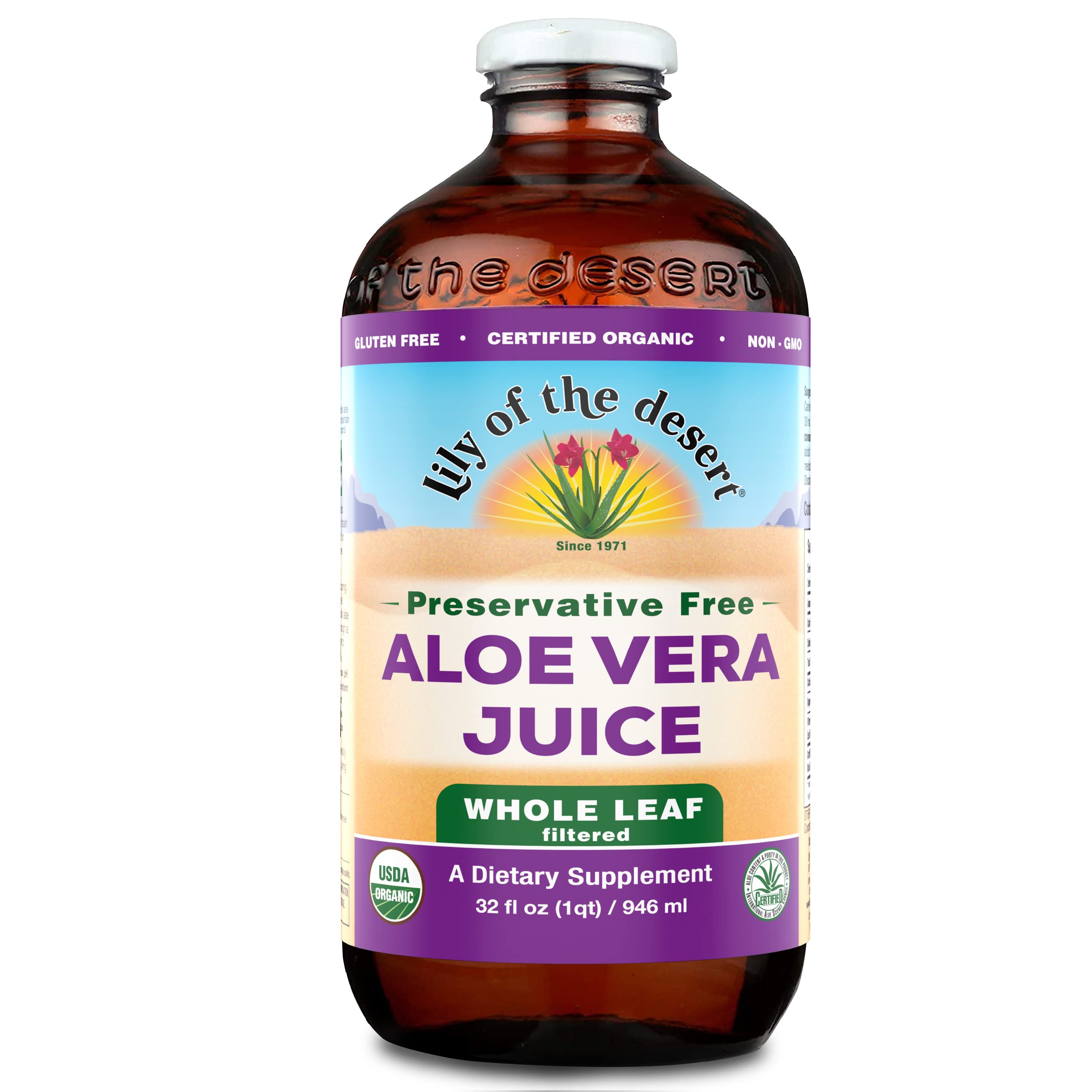 Lily Of The Desert Aloe Vera Juice, Preservative Free - Whole Leaf Aloe Vera Drink with Natural Vitamins, Digestive Enzymes for Gut Health, Stomach Relief, Wellness, Glowing Skin,