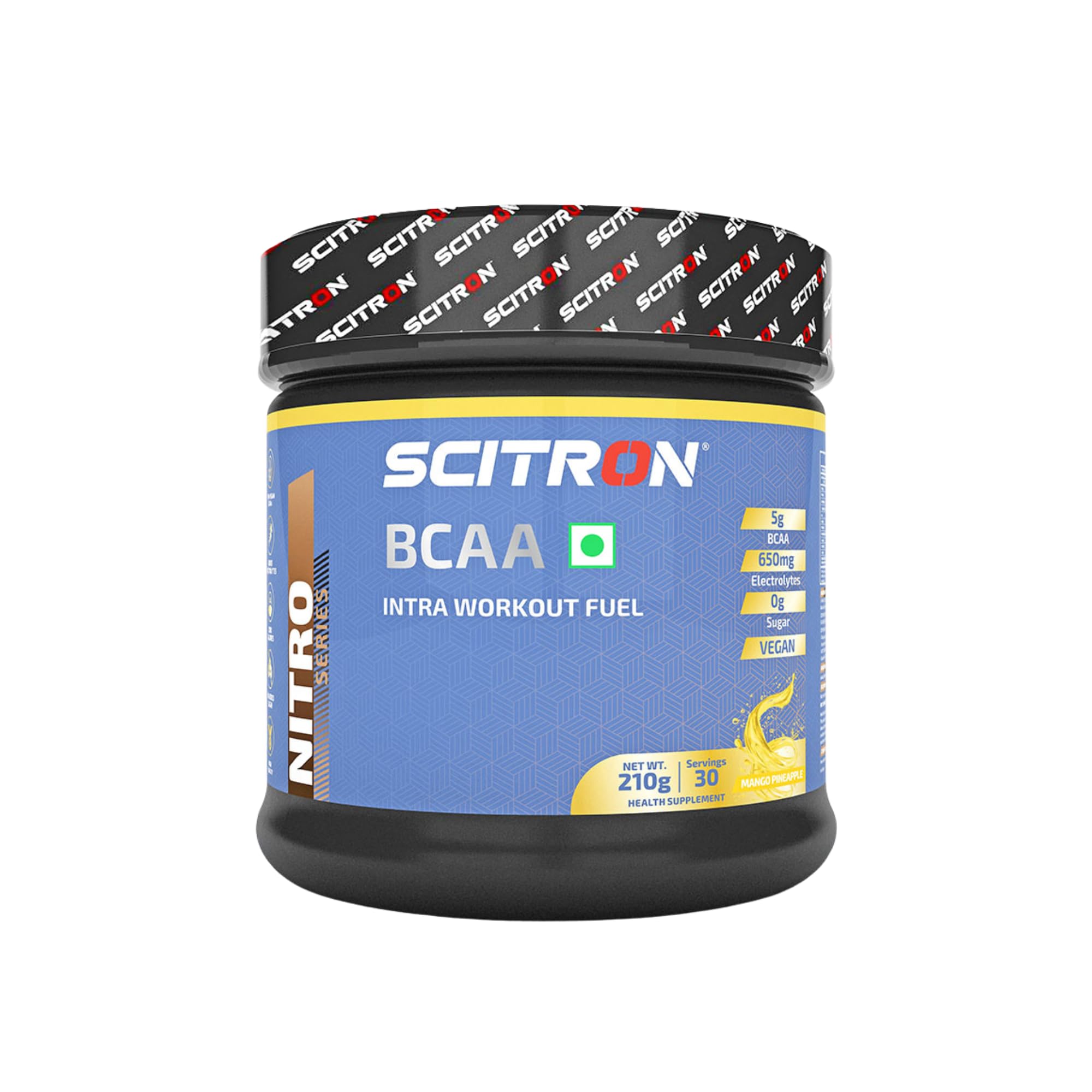 Scitron Nitro Series BCAA Intra Workout Fuel Powder 210g Mango Pineapple (30 Servings, 5 g BCAA, 650mg Electrolytes, 0g Sugar, Vegan)