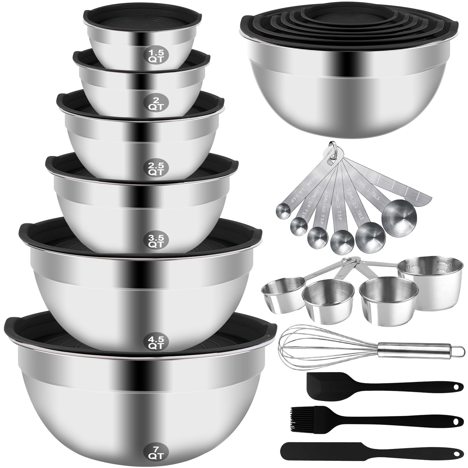 WEPSENMixing Bowls with Airtight Lids, 27PCS Stainless Steel Mixing Bowl with Lid Set, Kitchen Utensils Metal Nesting Bowls 7, 4.5, 3, 2.5, 2, 1.5QT, Measuring Cups and Spoons Baking Supplies