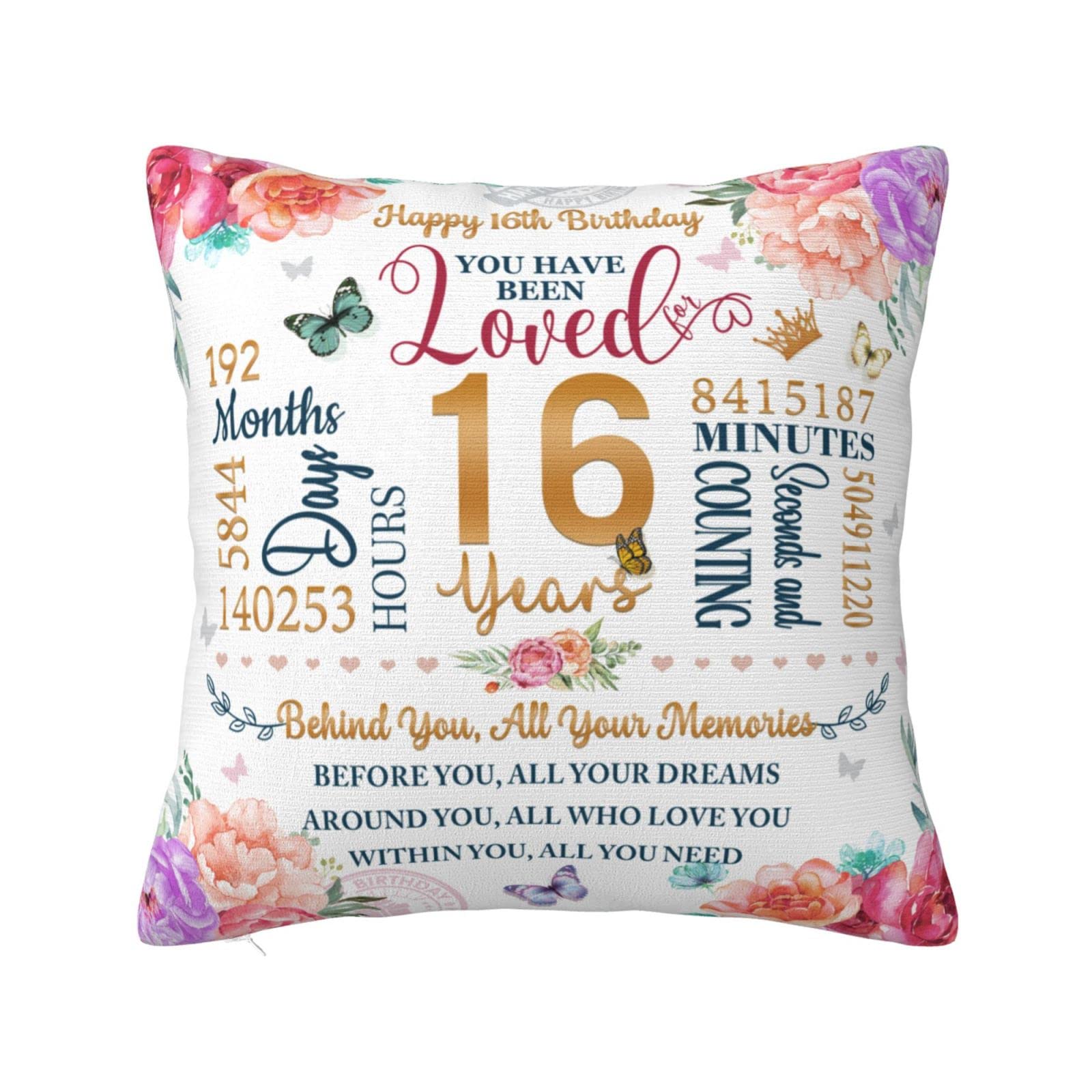 16th Birthday Gifts for Girls, Gifts for 16 Year Old Girl Pillow Cover 18"x18", Sweet Sixteen Gifts for Girls, Sweet 16 Party Decorations, Sweet 16 Gifts for Girls Ideas for Niece Sister Granddaughter