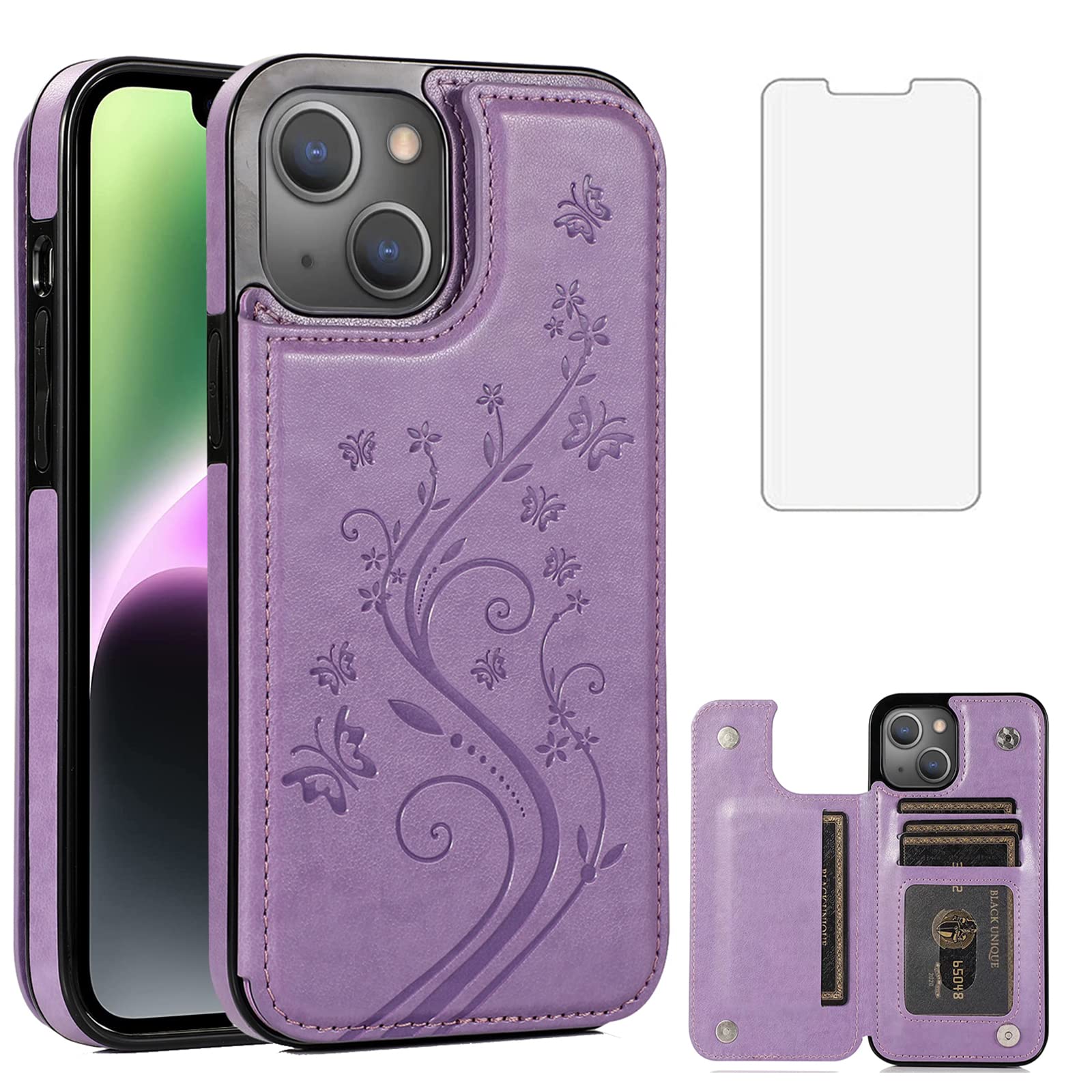 Asuwish Compatible with iPhone 15 6.1 inch Case with Tempered Glass Screen Protector and Card Holder Wallet Cover Stand Flip Leather Cell Accessories iPhone15 5G i i-Phone i15 15Case Women Purple