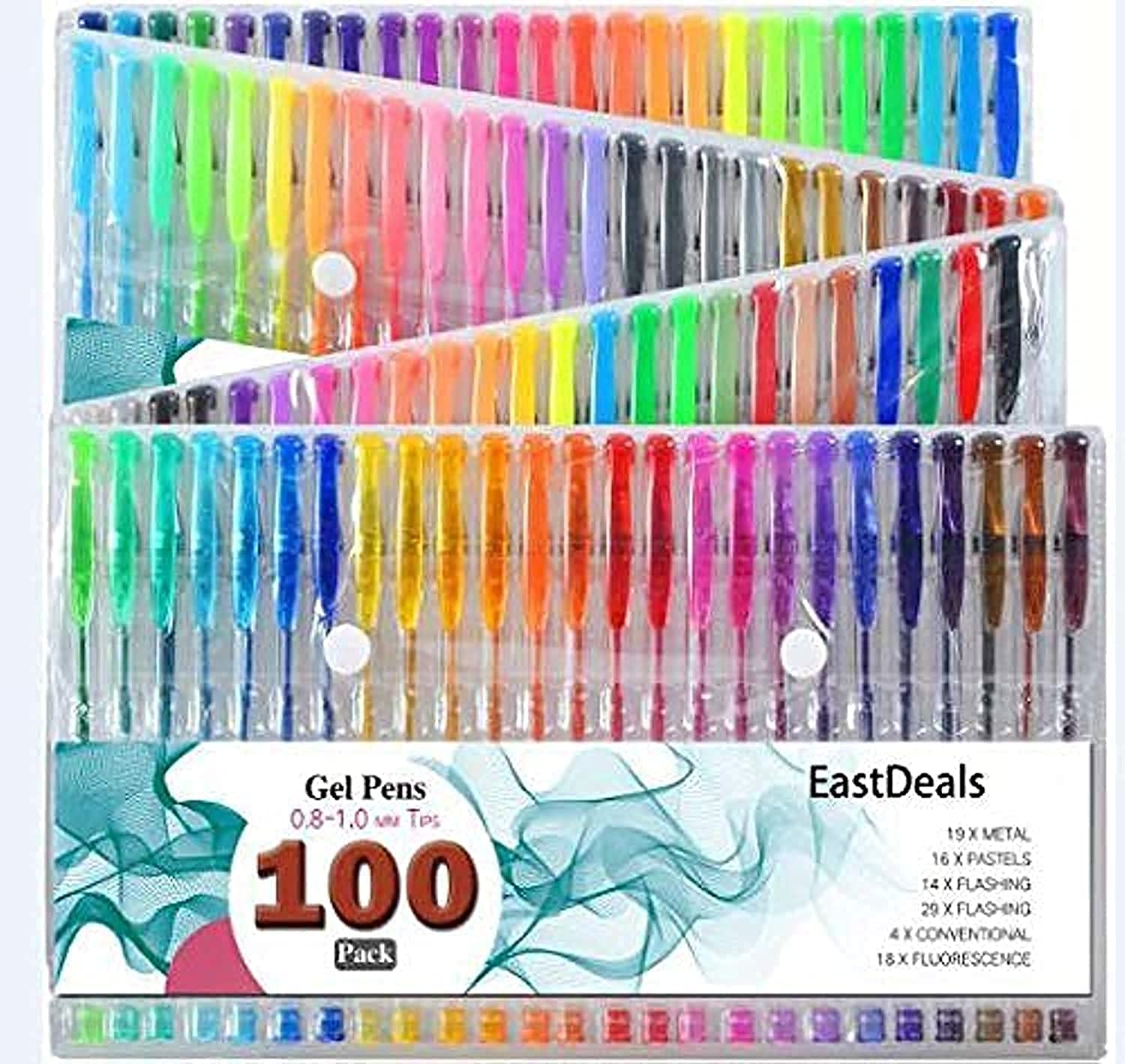 EastDeals No Duplicates Non Toxic Neon, Fluorescent, Glitter, Metallic, Pastel Coloring Gel Pens for Kids and Adult (Set of 100)