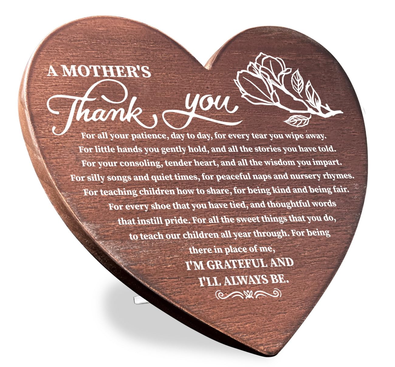 A Mother's Thank You, Heart Shaped Wood Plaque Gift, Standable Wooden Heart Plaque, Thank You Sign Decor Gift for Daycare Child Care Provider, Mother's Day Gift for Nanny Baby Sitter, Teacher Gift